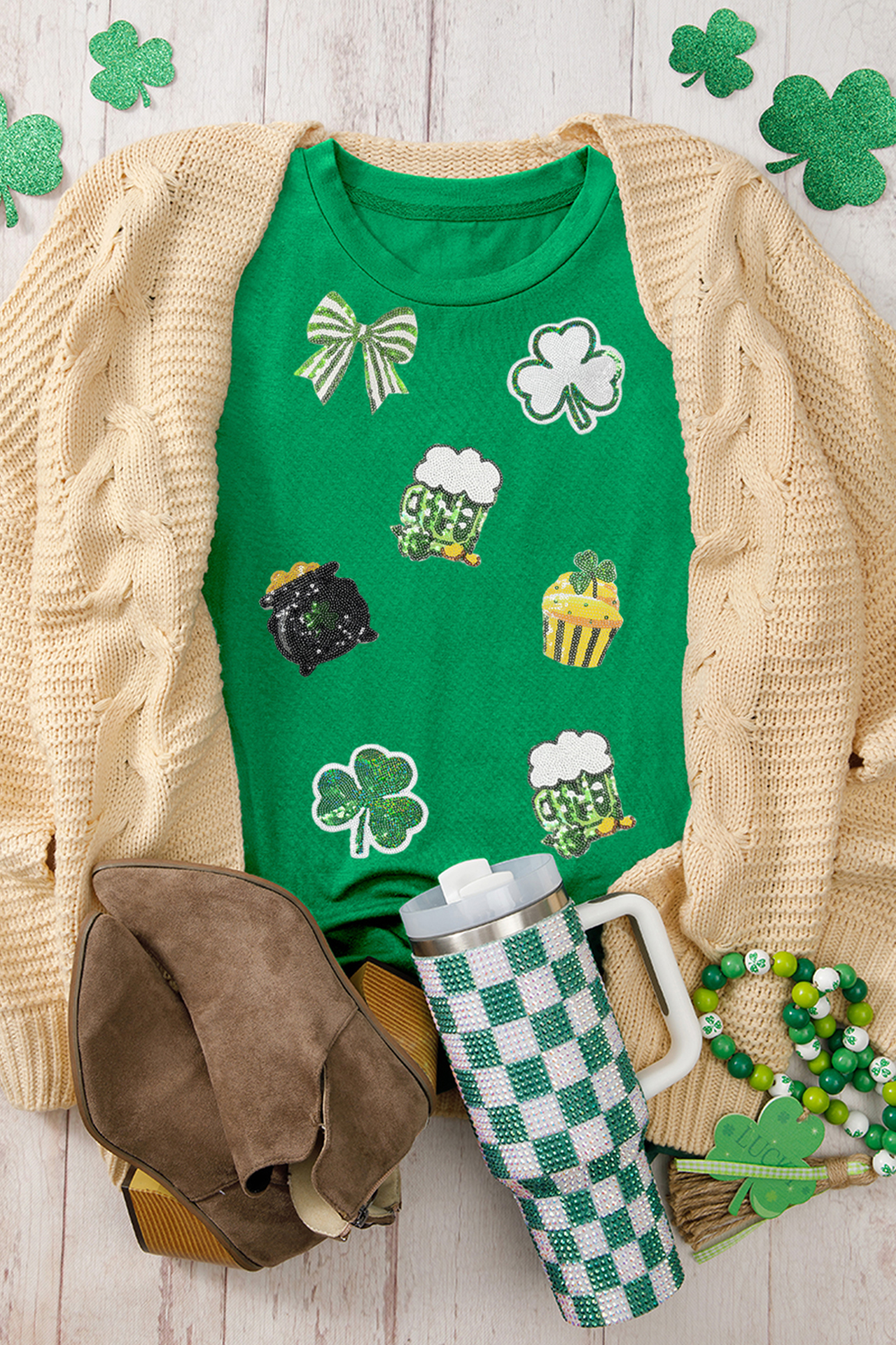 Bright Green Dainty Irish Fashion Sequin Graphic Tee