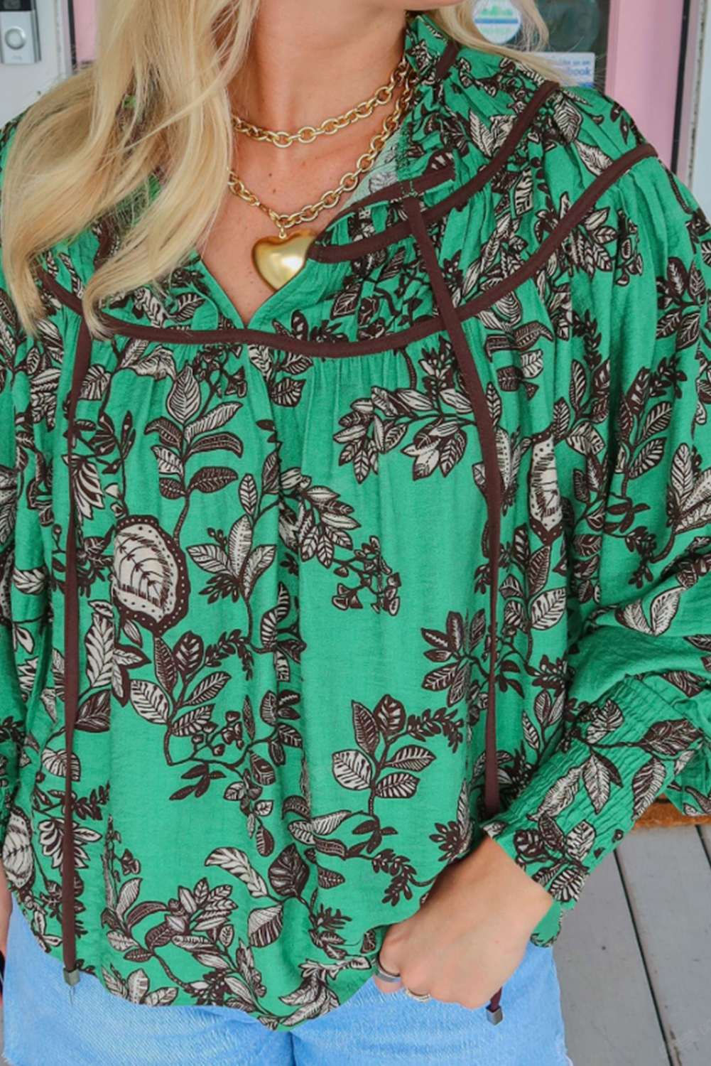 Green Leaves Print Contrast Trim V Neck Shirred Puff Sleeve Blouse