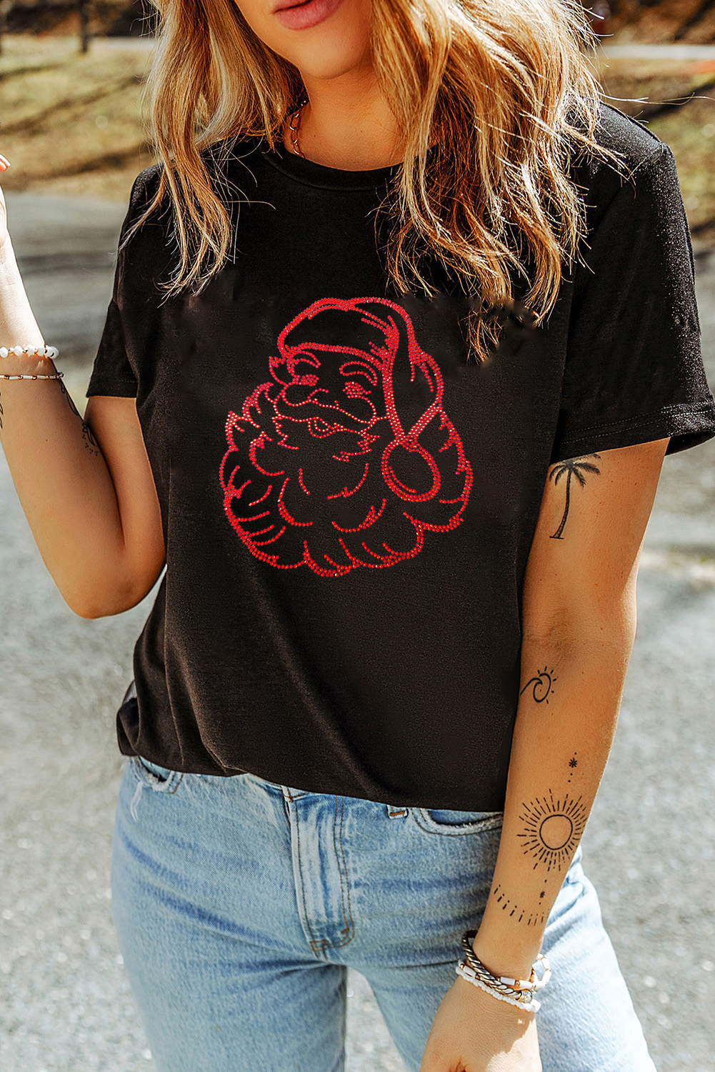 Black Rhinestone Santa Claus Christmas Graphic T Shirt