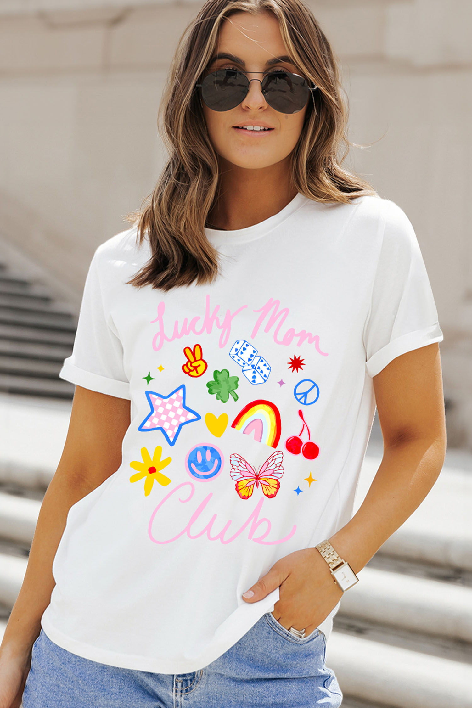 White Lucky Mom Club Vibrant Printed Casual T Shirt