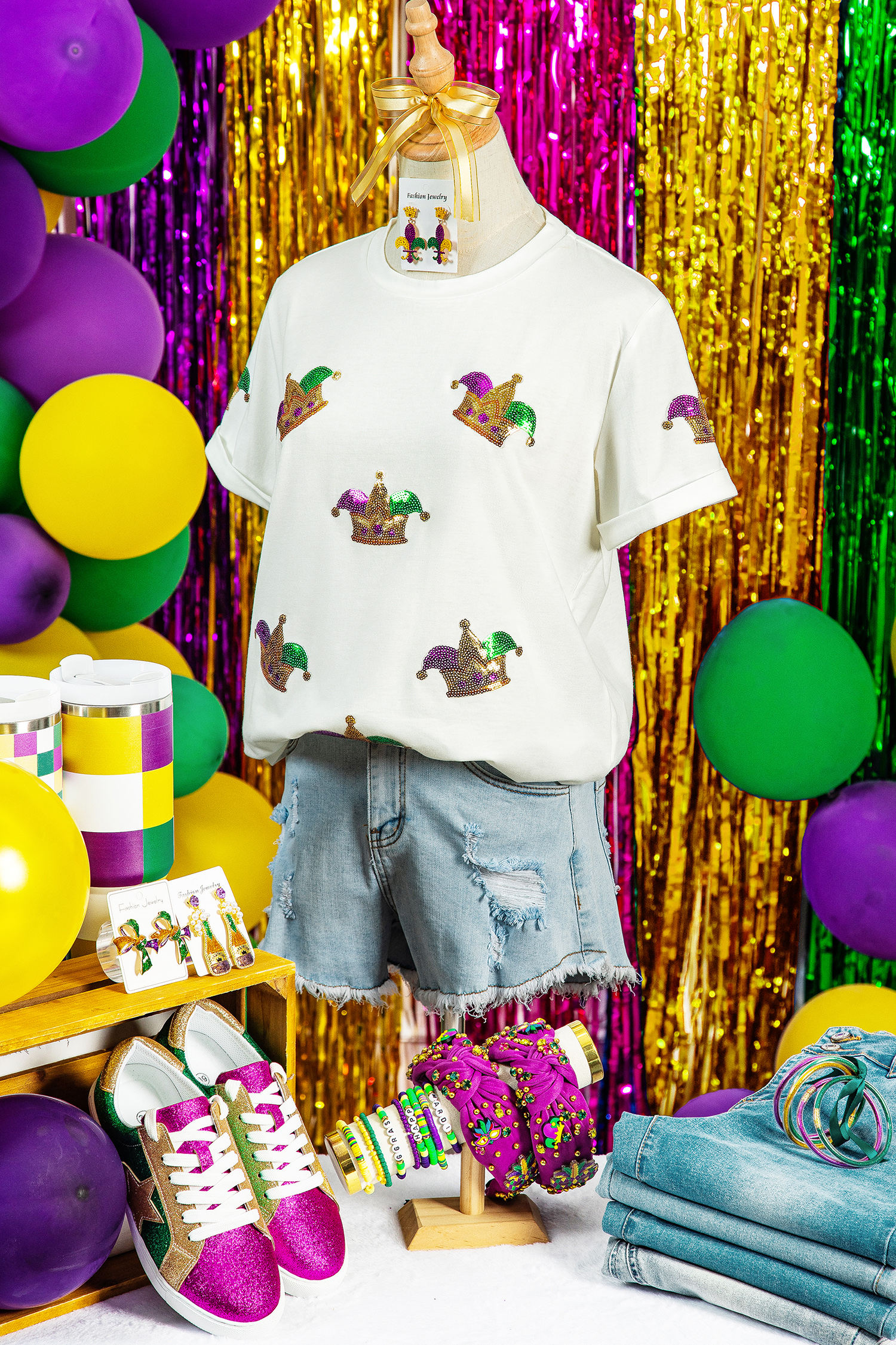 White Mardi Gras Sequin Crown Womens Casual T Shirt