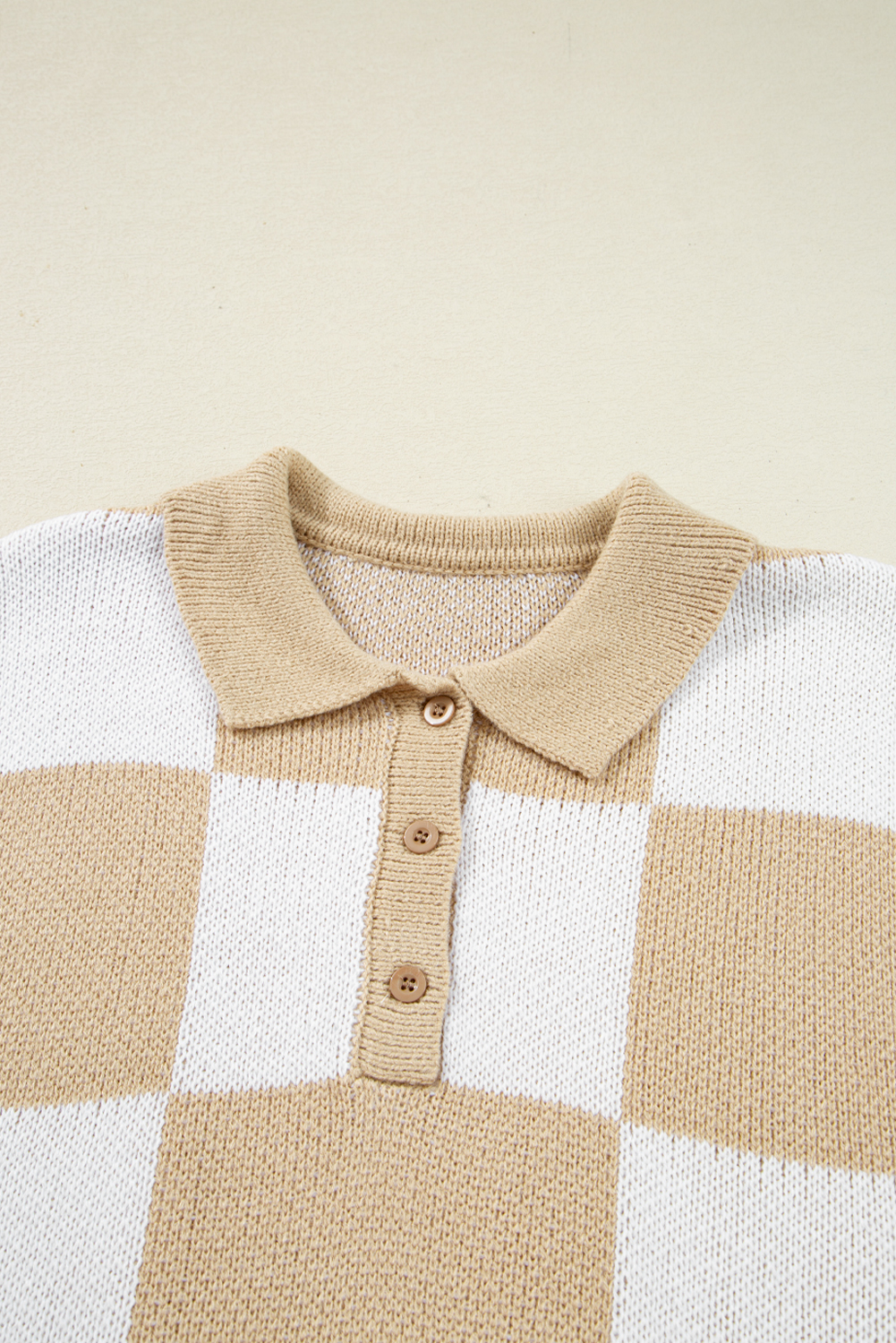 Mist Green Checkered Pattern Polo Collar Loose Sweater