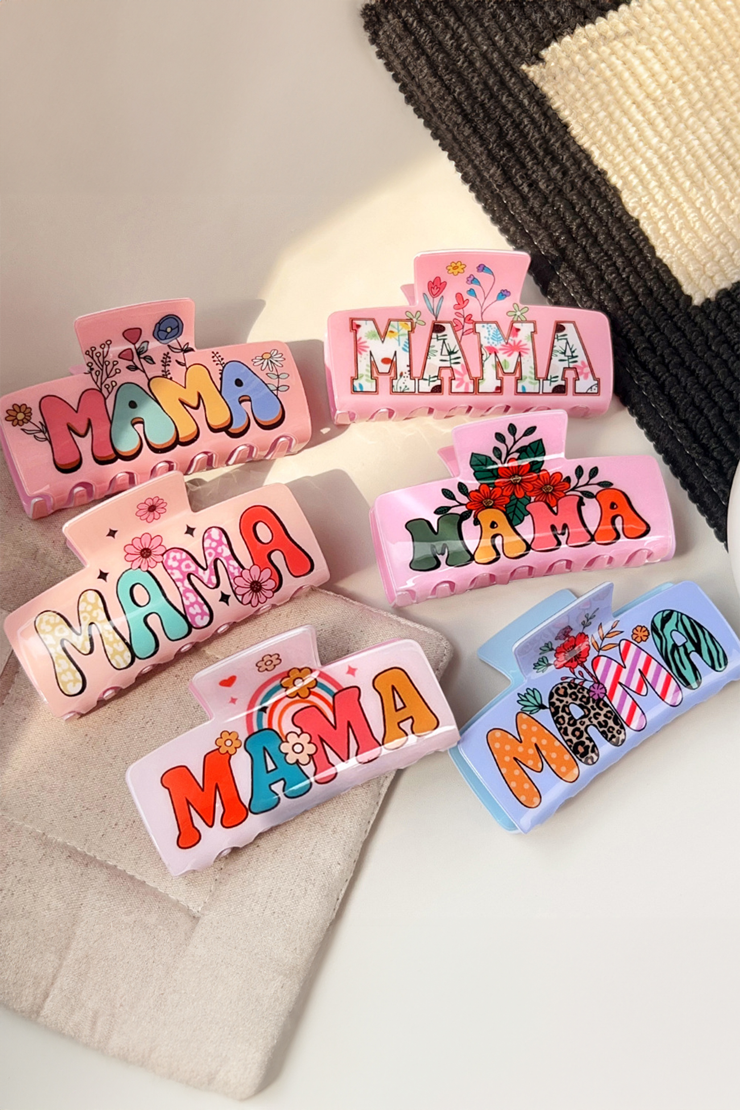 Pink MAMA Flower Printed Acrylic Large Square Hair Claw Clip