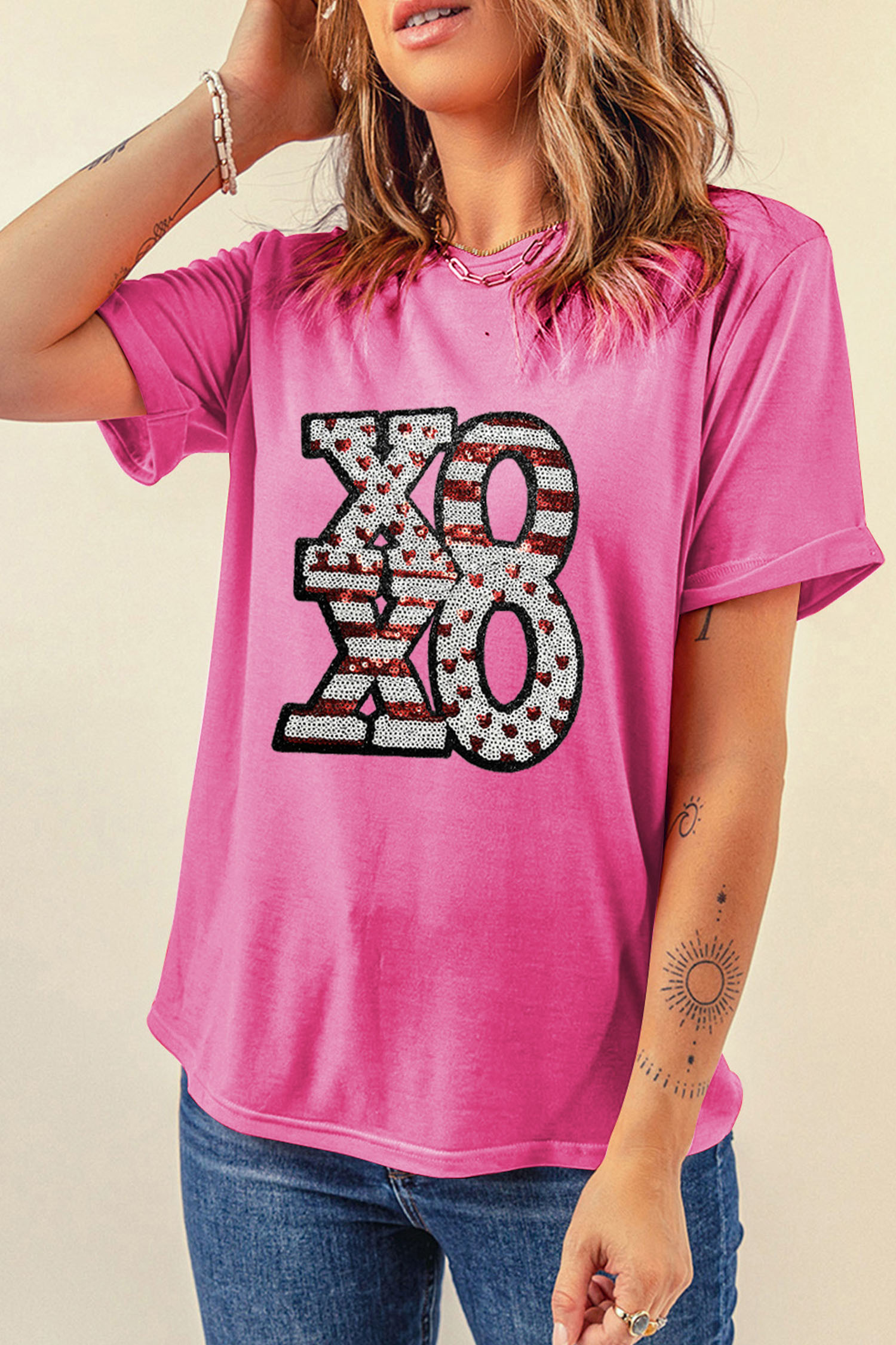 Sachet Pink Sequined XOXO Graphic Valentine T Shirt