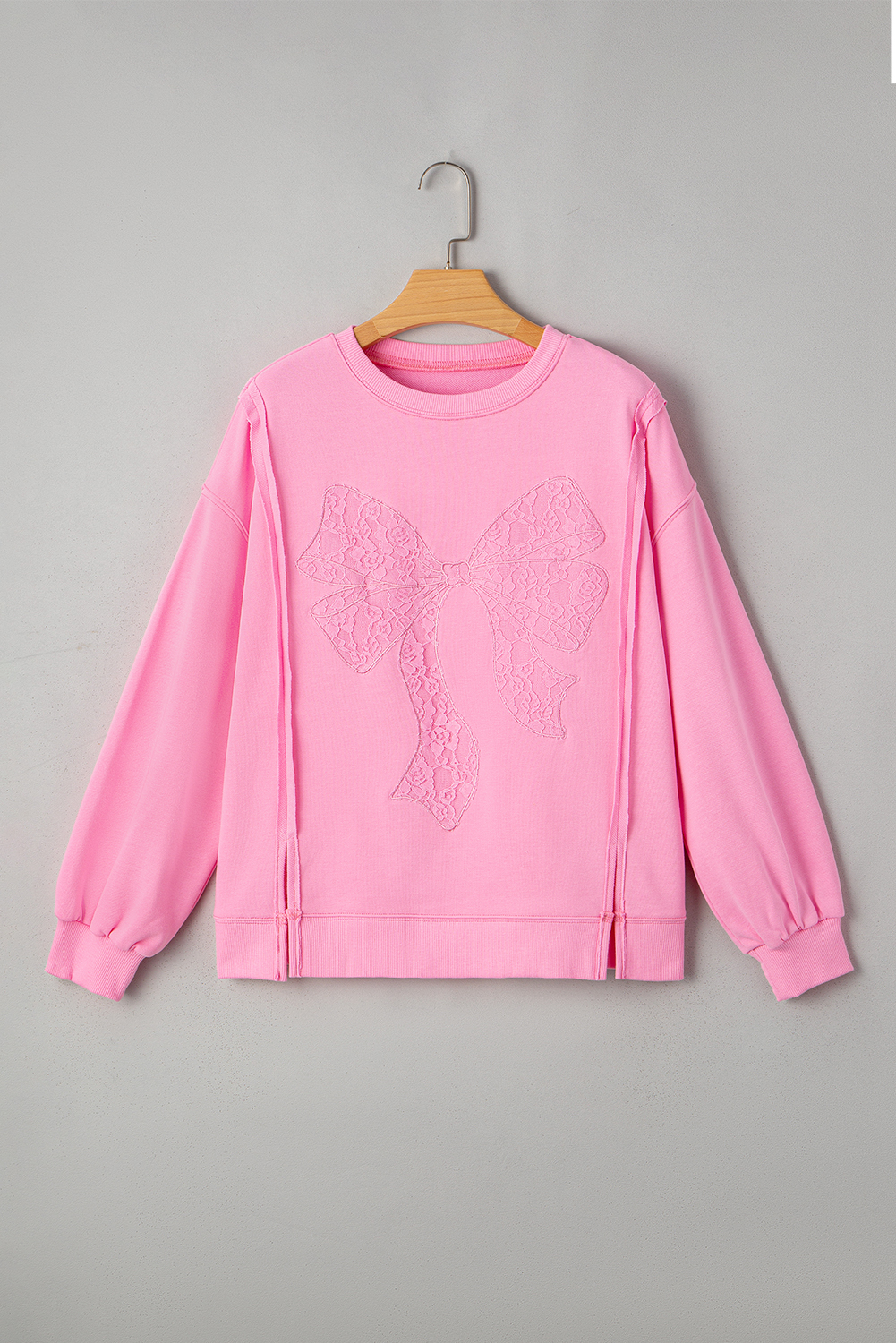 Bonbon Lace Insert Bow Embroidered Exposed Seam Sweatshirt
