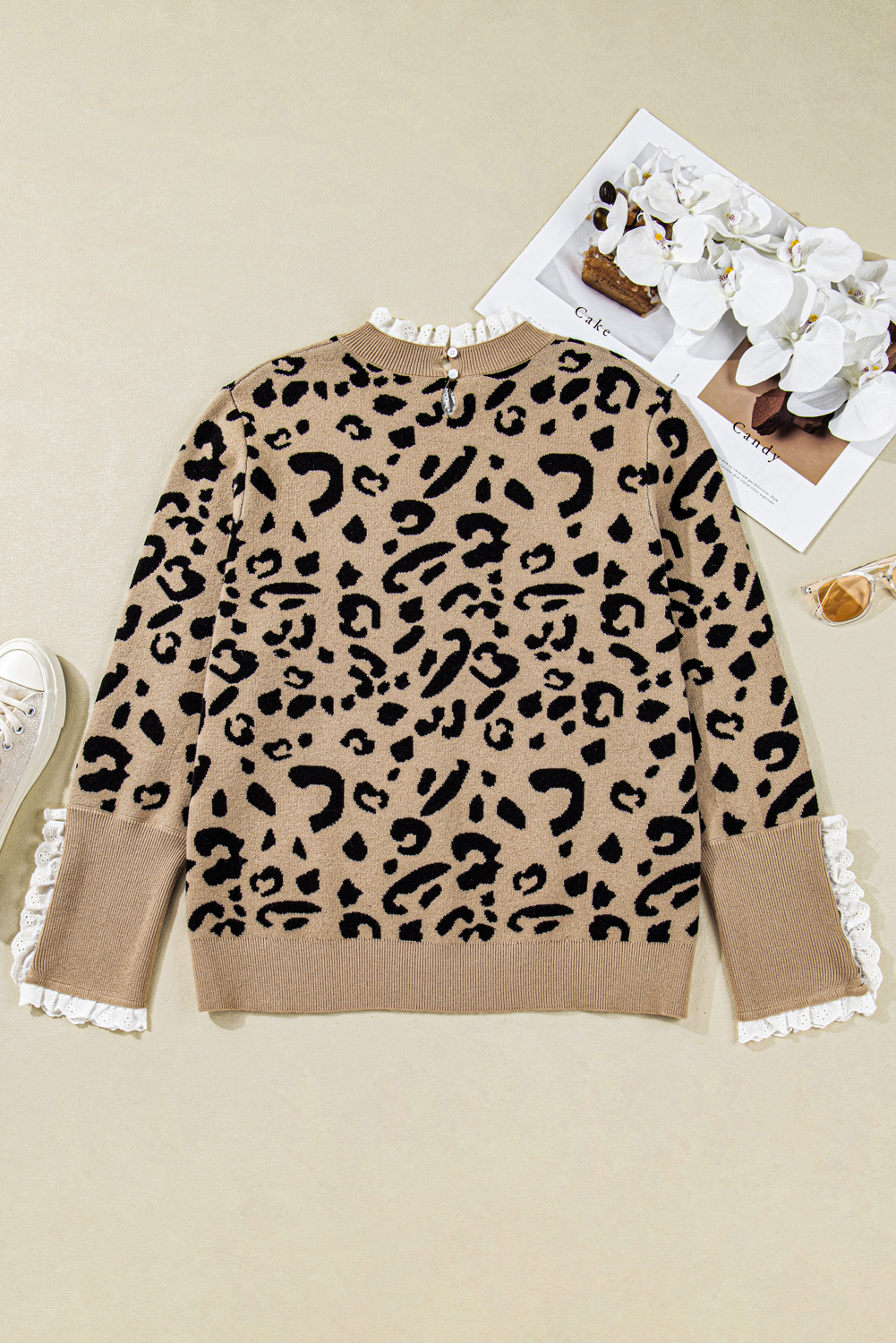 Dearlovers Brown Leopard Pattern Lace Ribbed Detail Button Cuffed Sweater