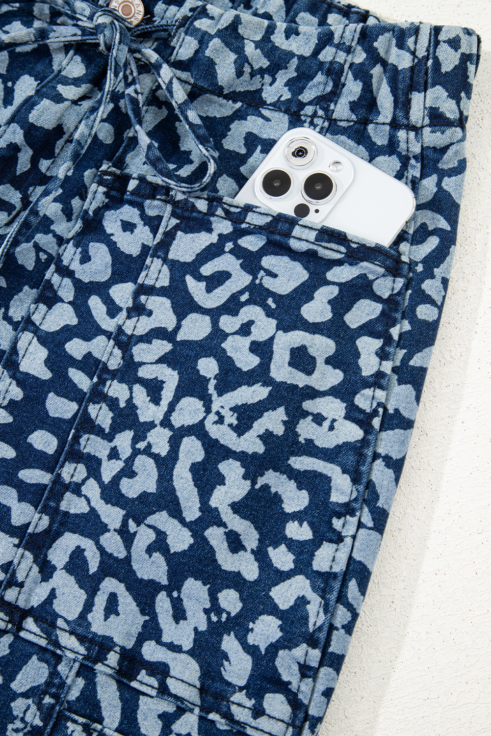 Khaki Leopard Printed Drawstring Elastic Waistband Pocketed Wide Leg Jeans