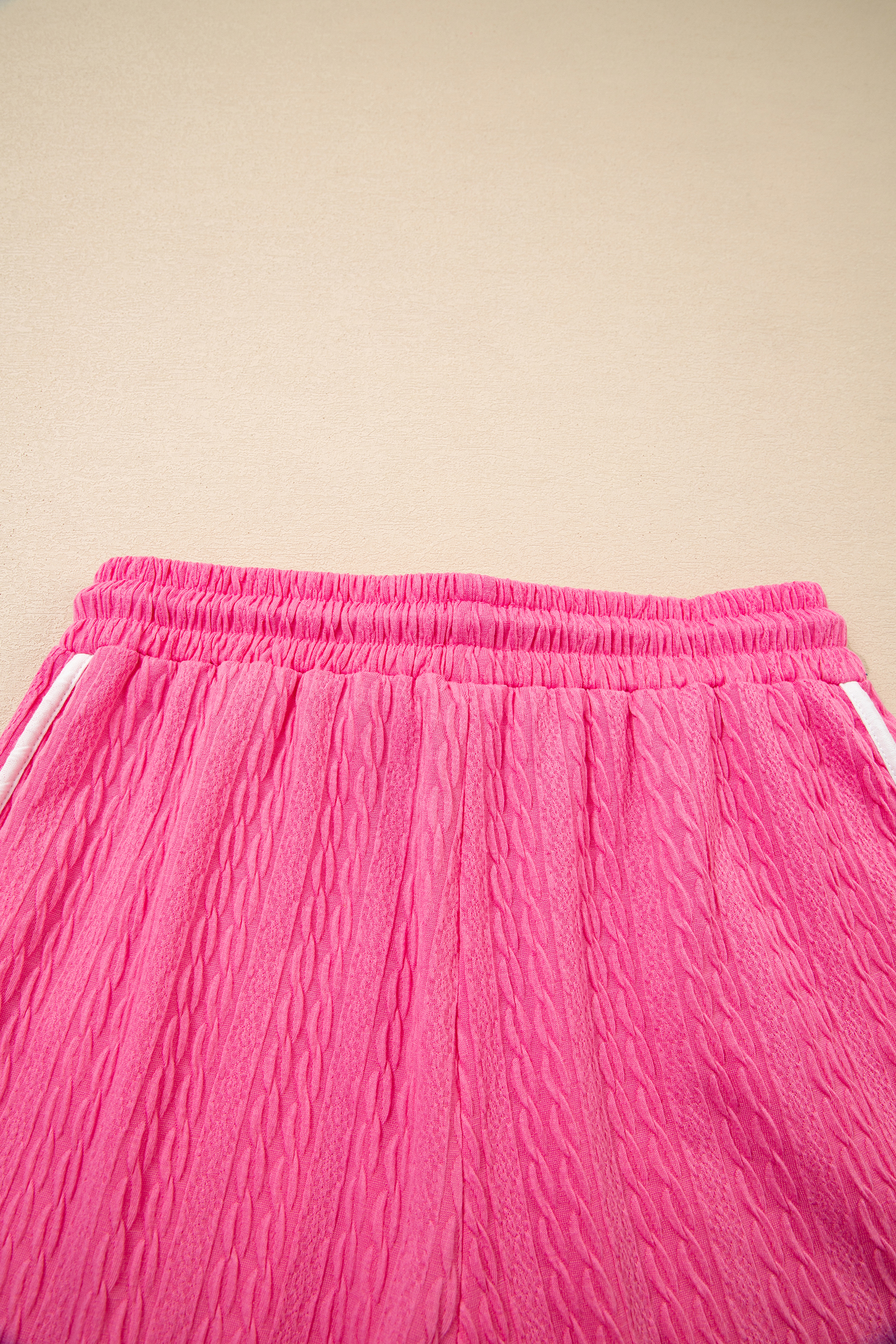 Bright Pink Textured Color Block Trim Loose Tee Drawstring Shorts 2pcs Set