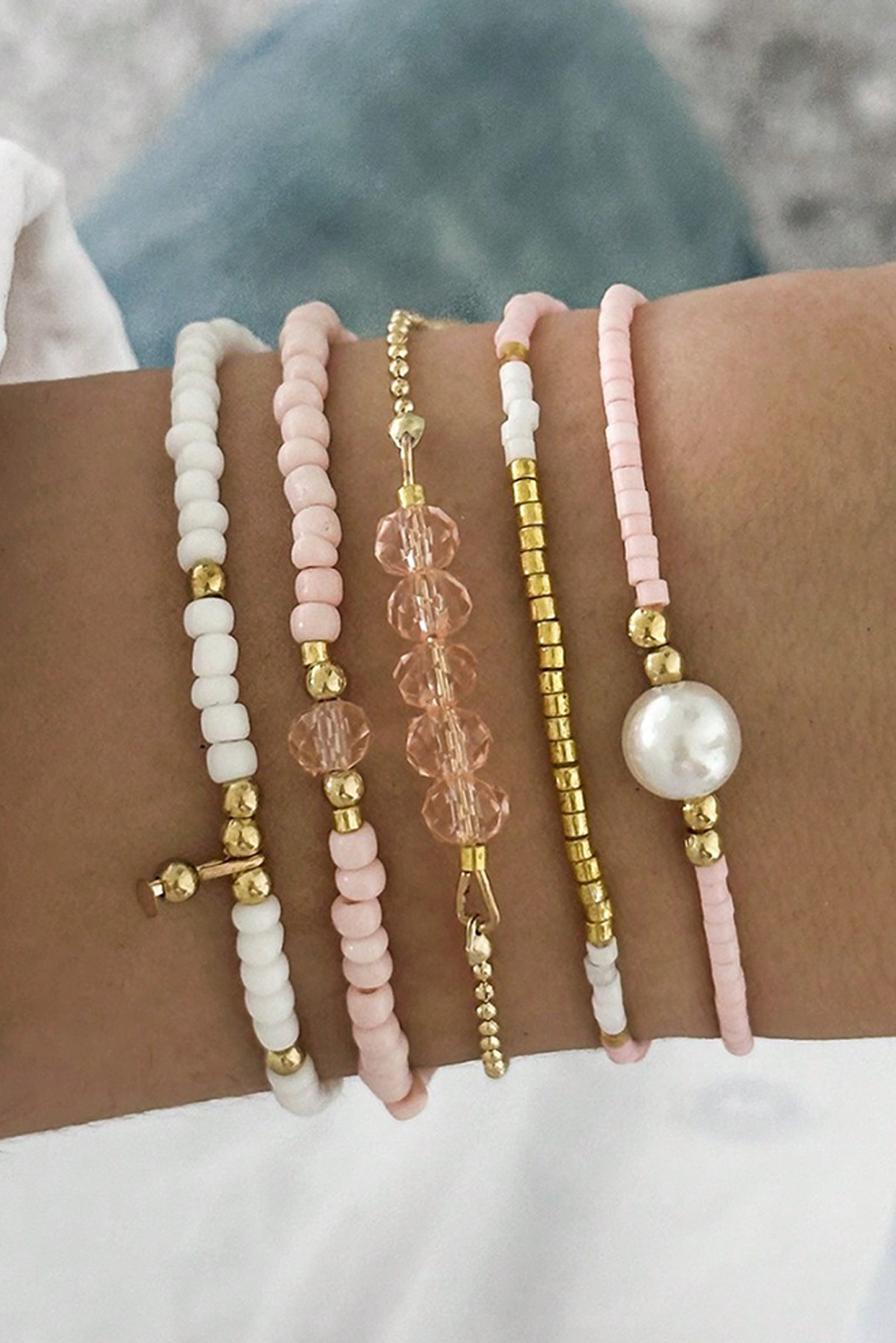 Pink Pearl Crystal Bead Detail 5pcs Elastic Bracelet Set