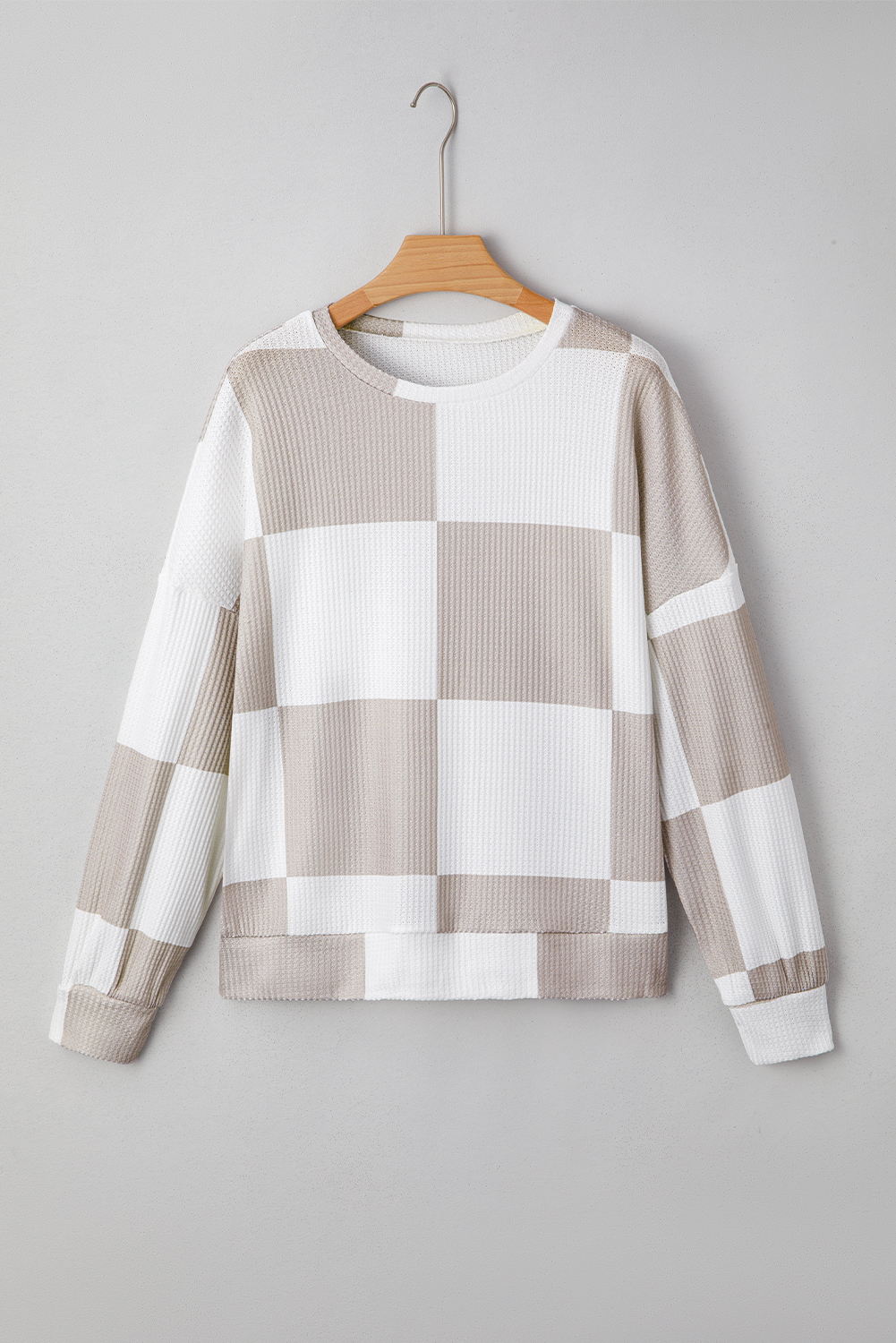 Khaki Checkered Print Breathable Textured Long Sleeve Top
