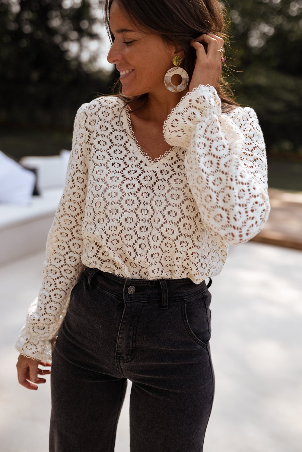 Beige Flower Lace V Neck Ruffled Sleeve Top
