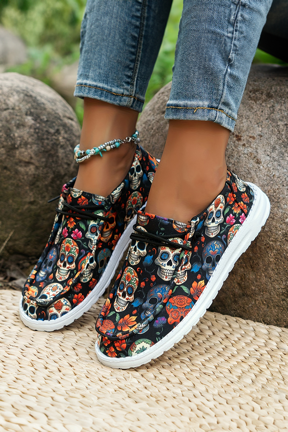 Dark Blue Sugar Skull Print Lace-up Detail Halloween Flat Shoes