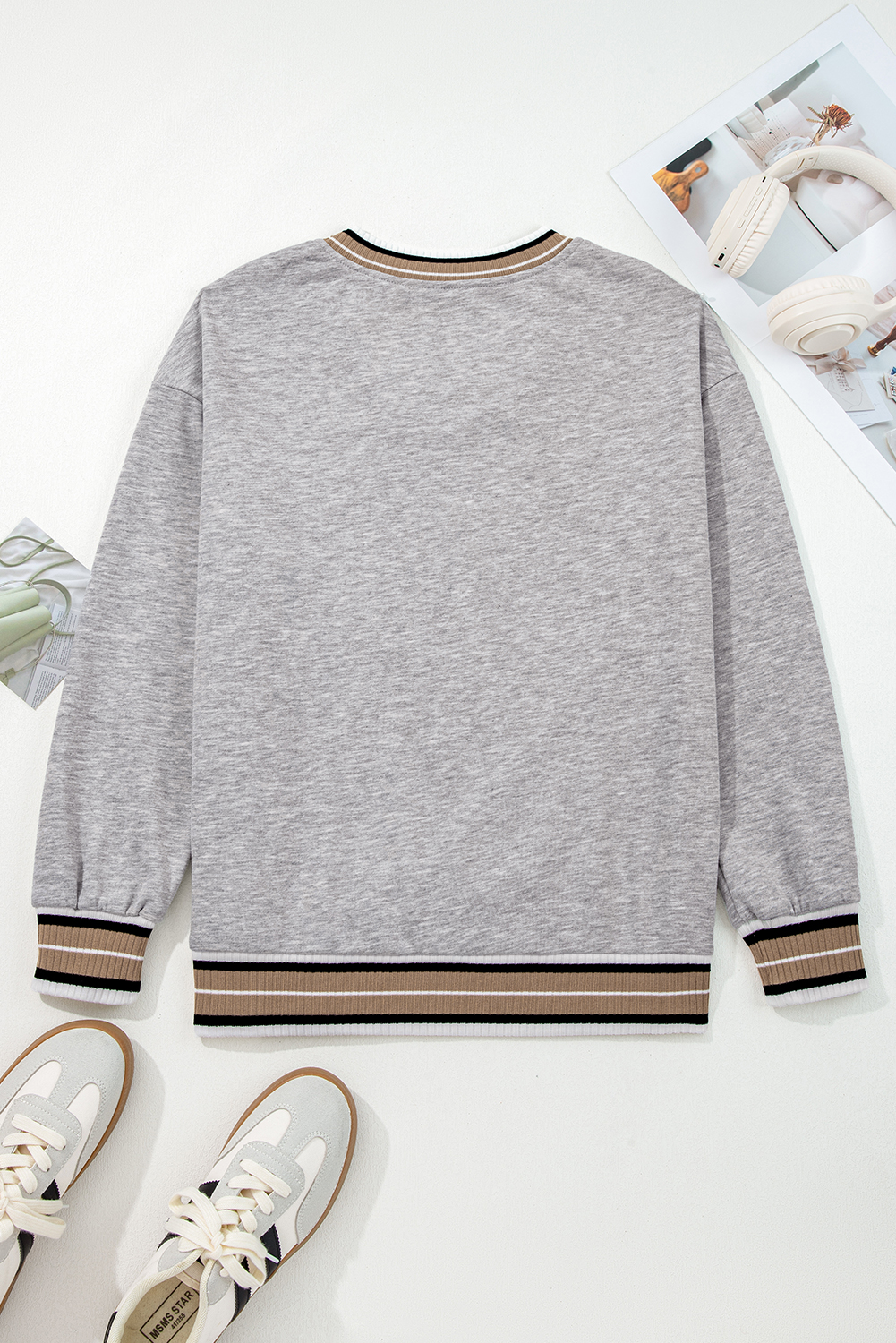 Gray Varsity Contrast Striped Trim V Neck Sweatshirt