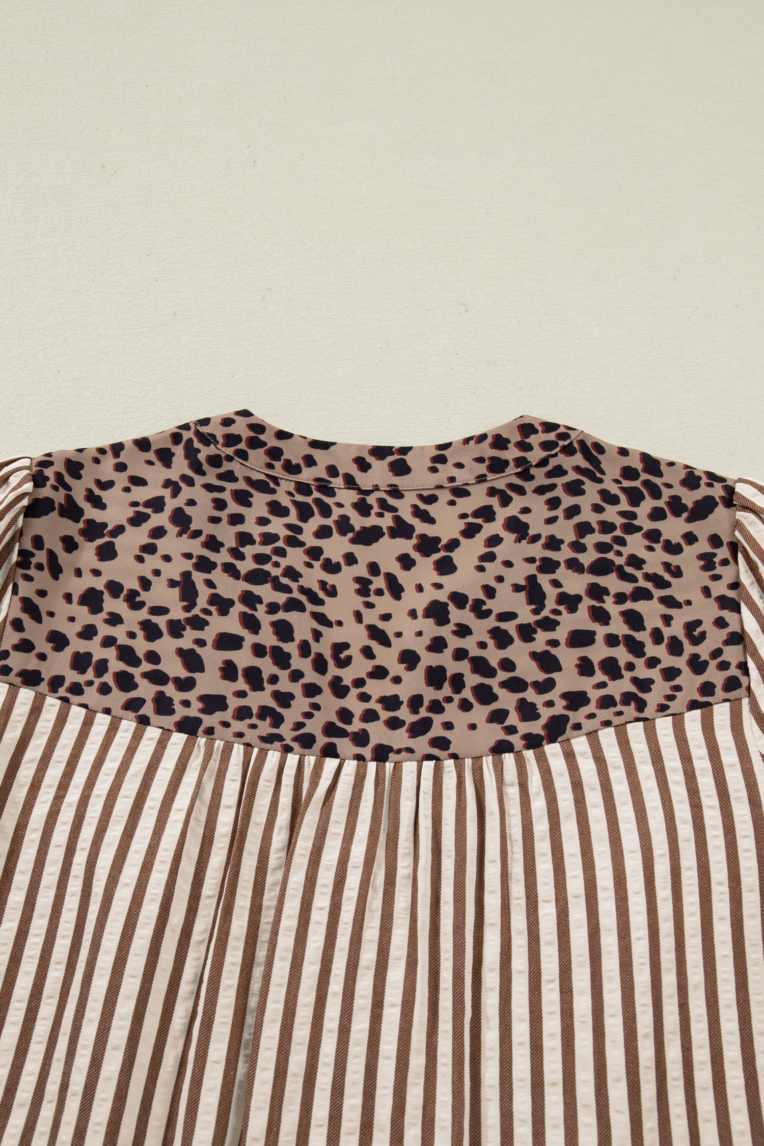 Sky Blue Stripe Leopard Trim V Neck Button Down Half Sleeve Shirt