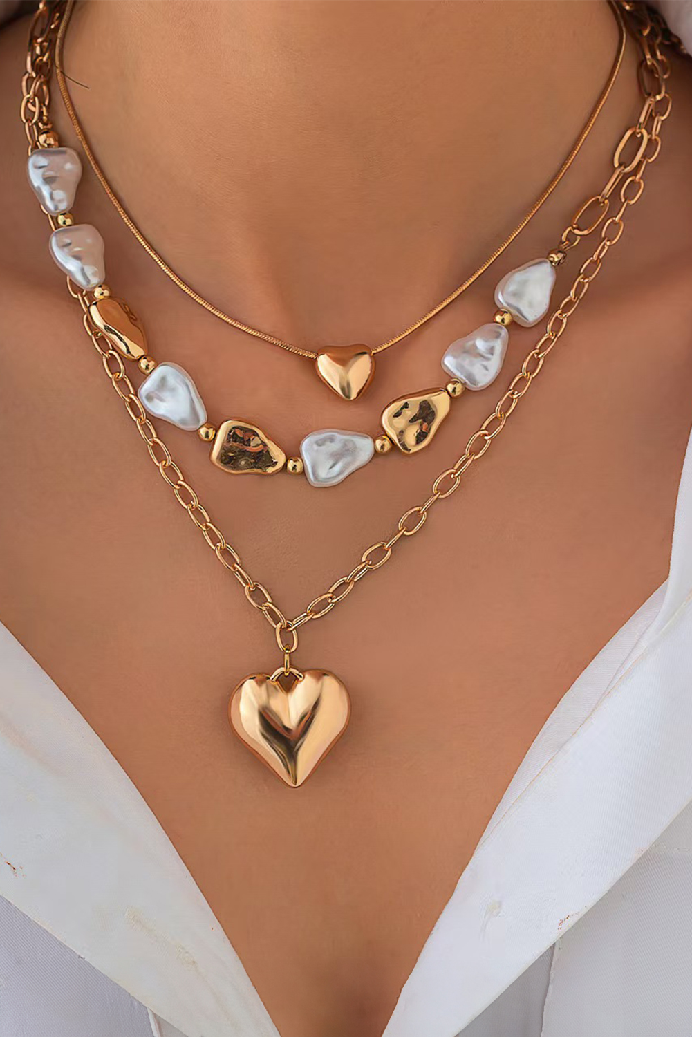 Gold Plated Layered Heart Pendant Irregular Pearl Layered Necklace
