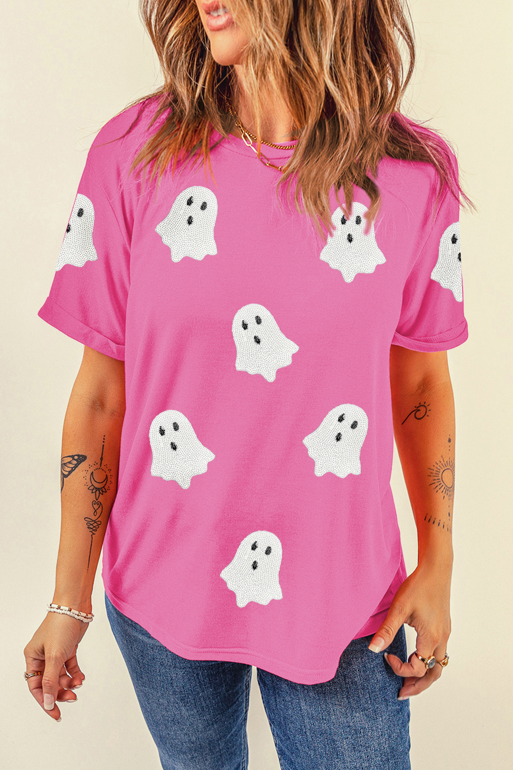 Wisteria Glitter Trim Chenille Ghost Patched Halloween Graphic Tee