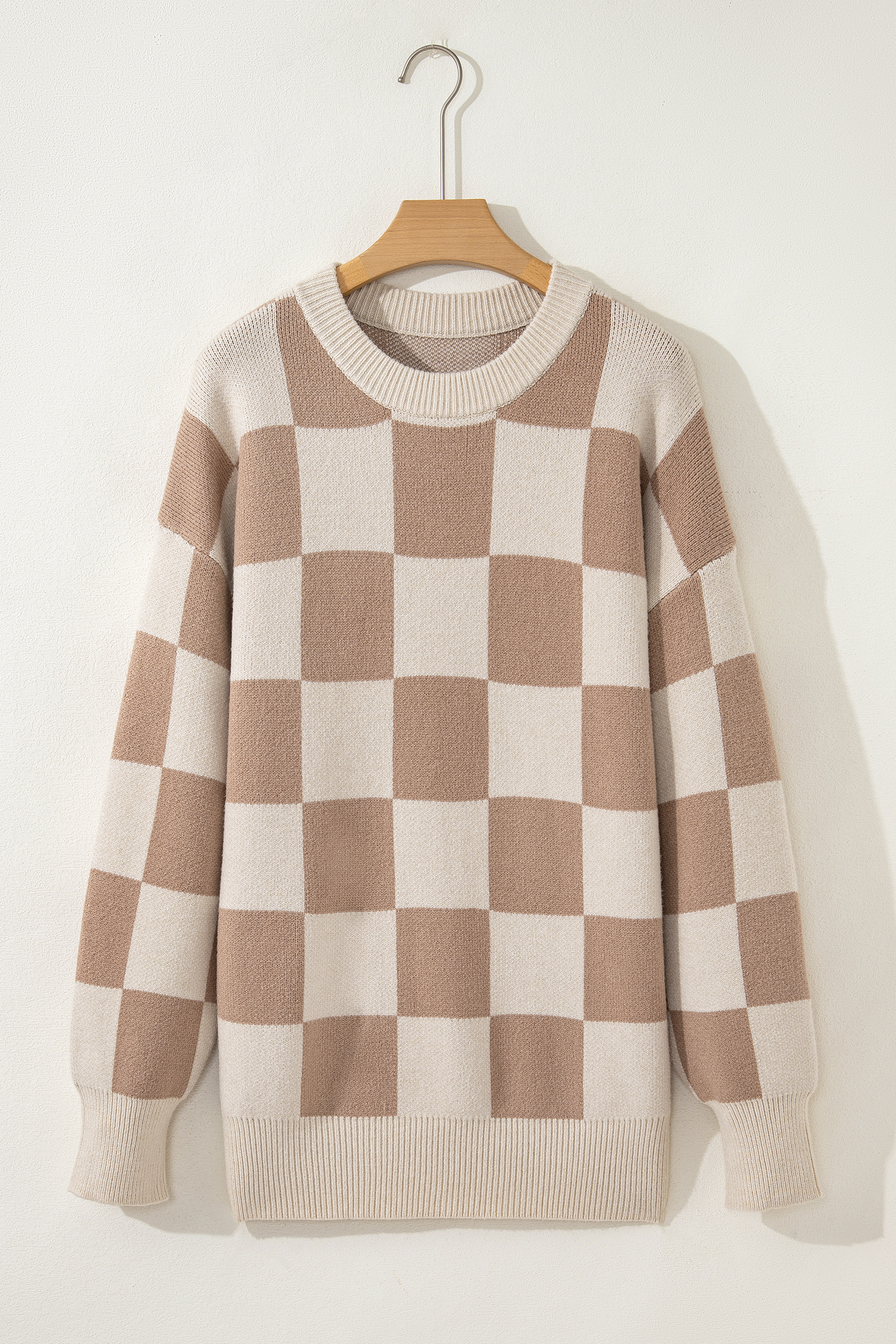 Parchment Checkered Pattern Ribbed Trim Knit Baggy Sweater