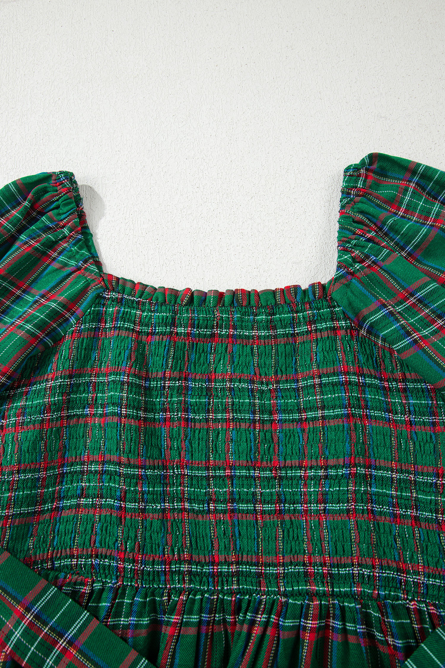 Red Tartan Plaid Square Neck Puff Sleeve Knot Waist Flared Midi Dress