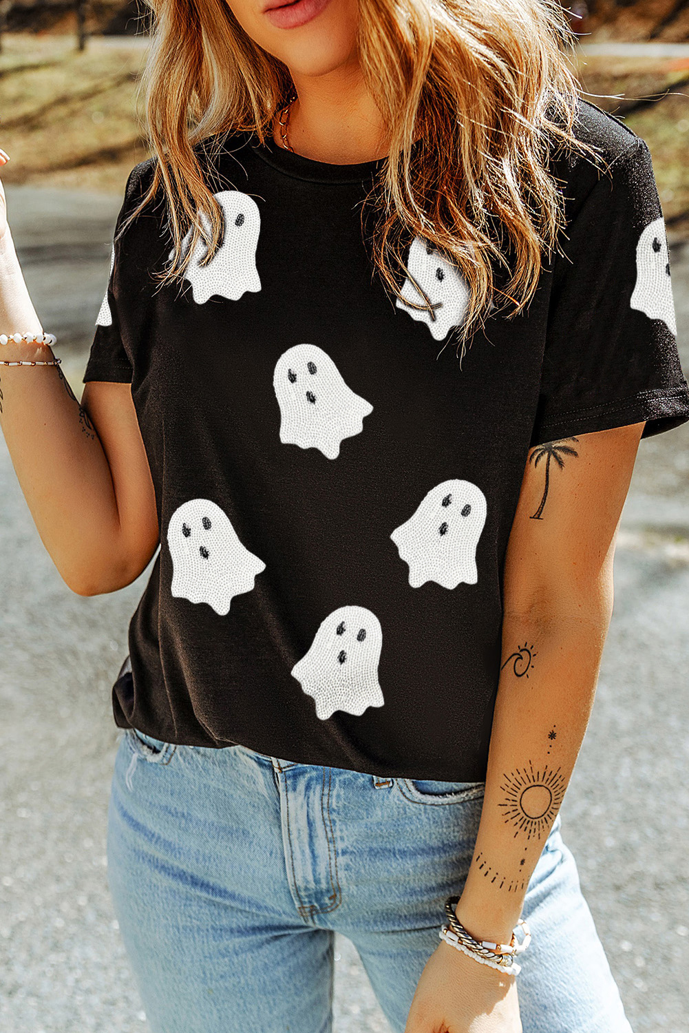 Wisteria Glitter Trim Chenille Ghost Patched Halloween Graphic Tee