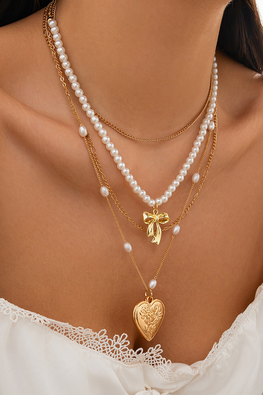 Gold Plated Bow Heart Pendant Pearl Beading Multilayer Necklace