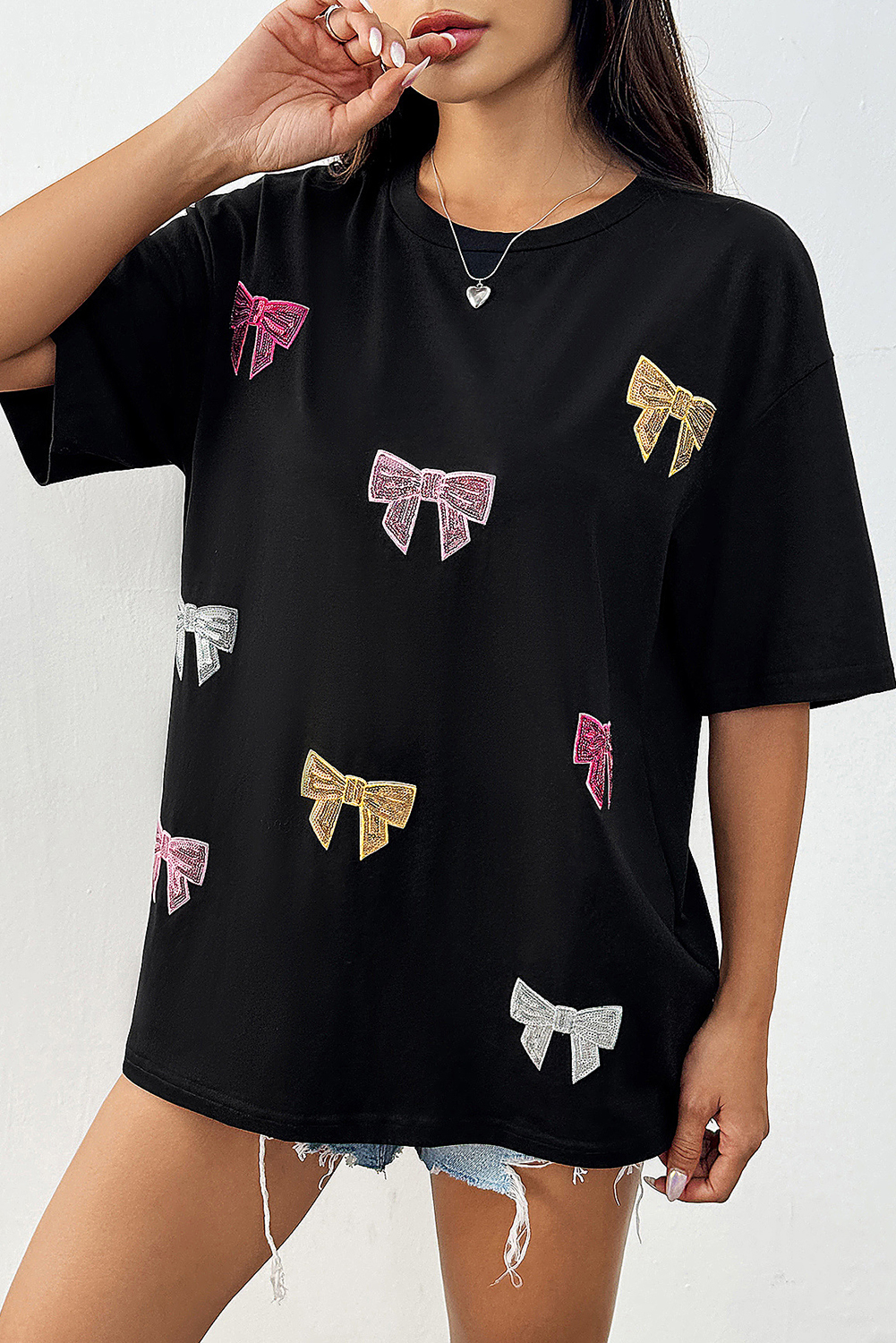 Black Shiny Bow Loose T Shirt