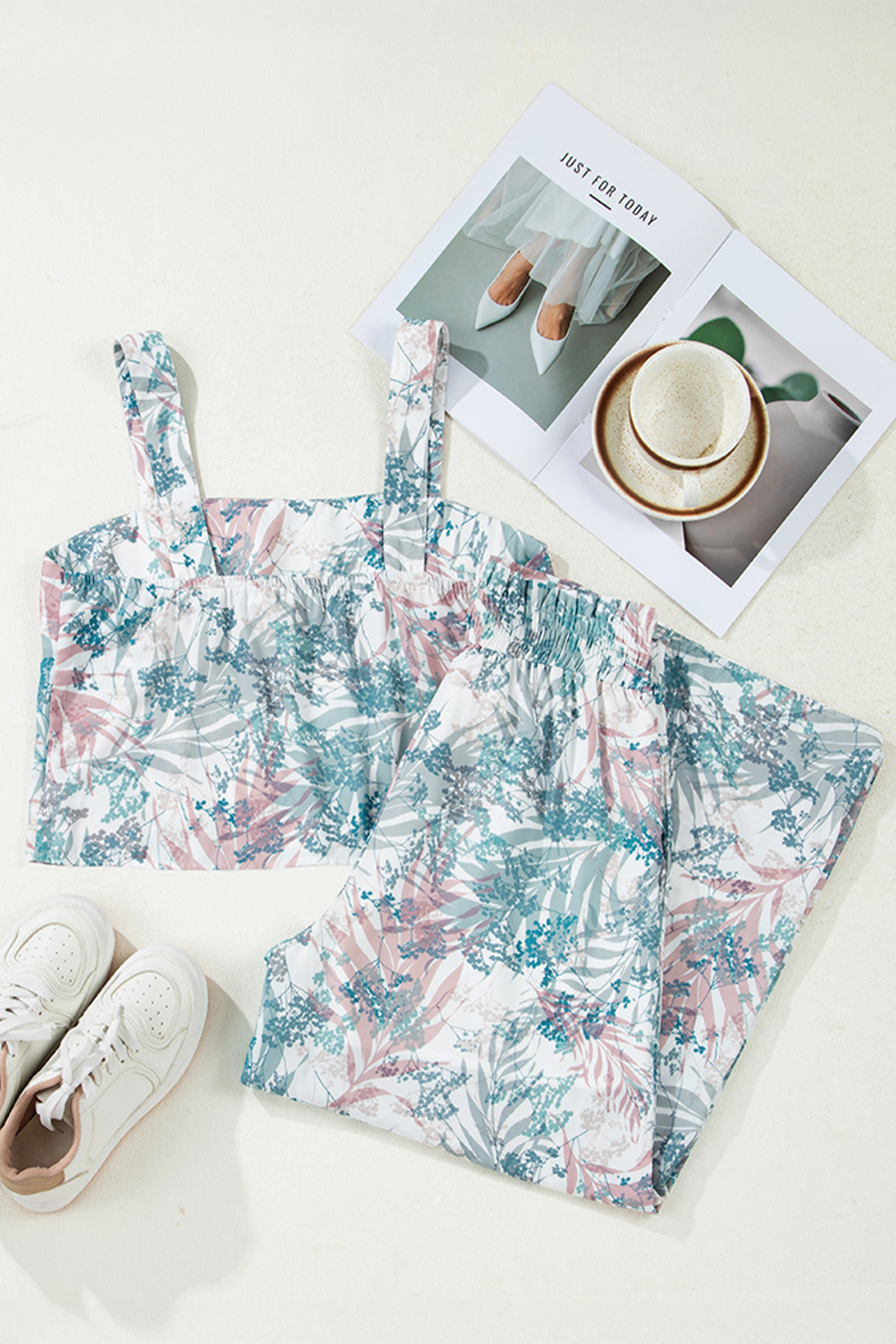 Green Tropical Palm Printed Cropped Tank Drawstring Wide Leg Pant Set