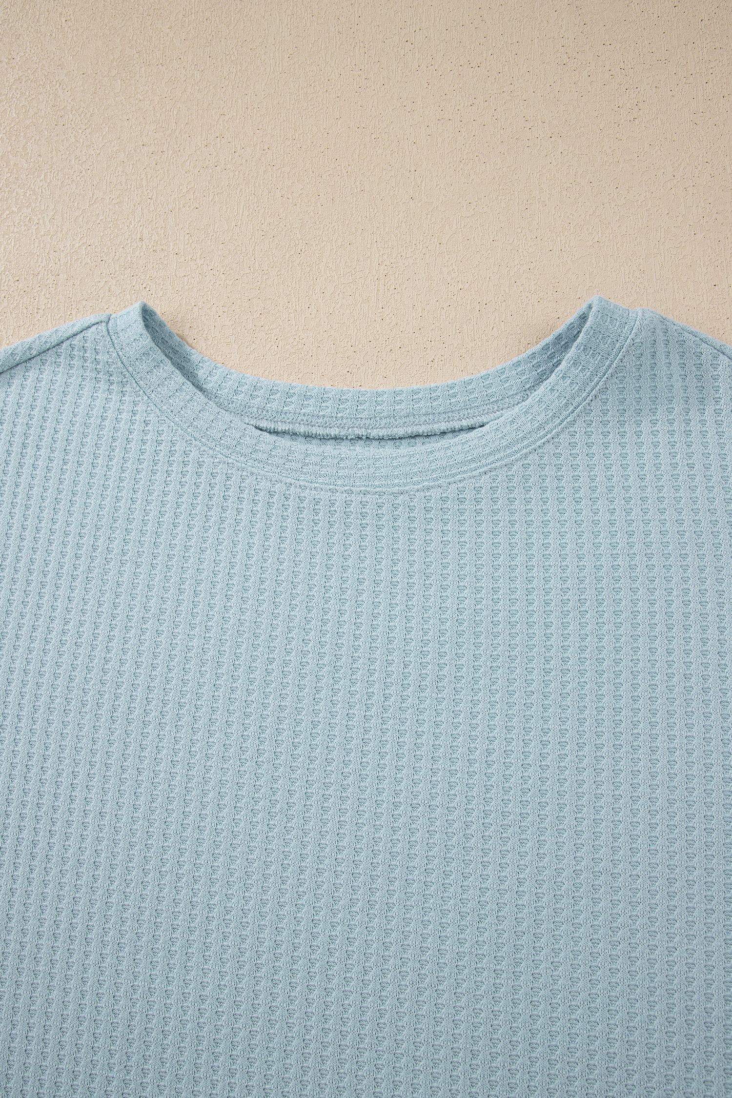 Beau Blue Floral Lace Sleeve Patchwork Waffle Fake Two-piece Top