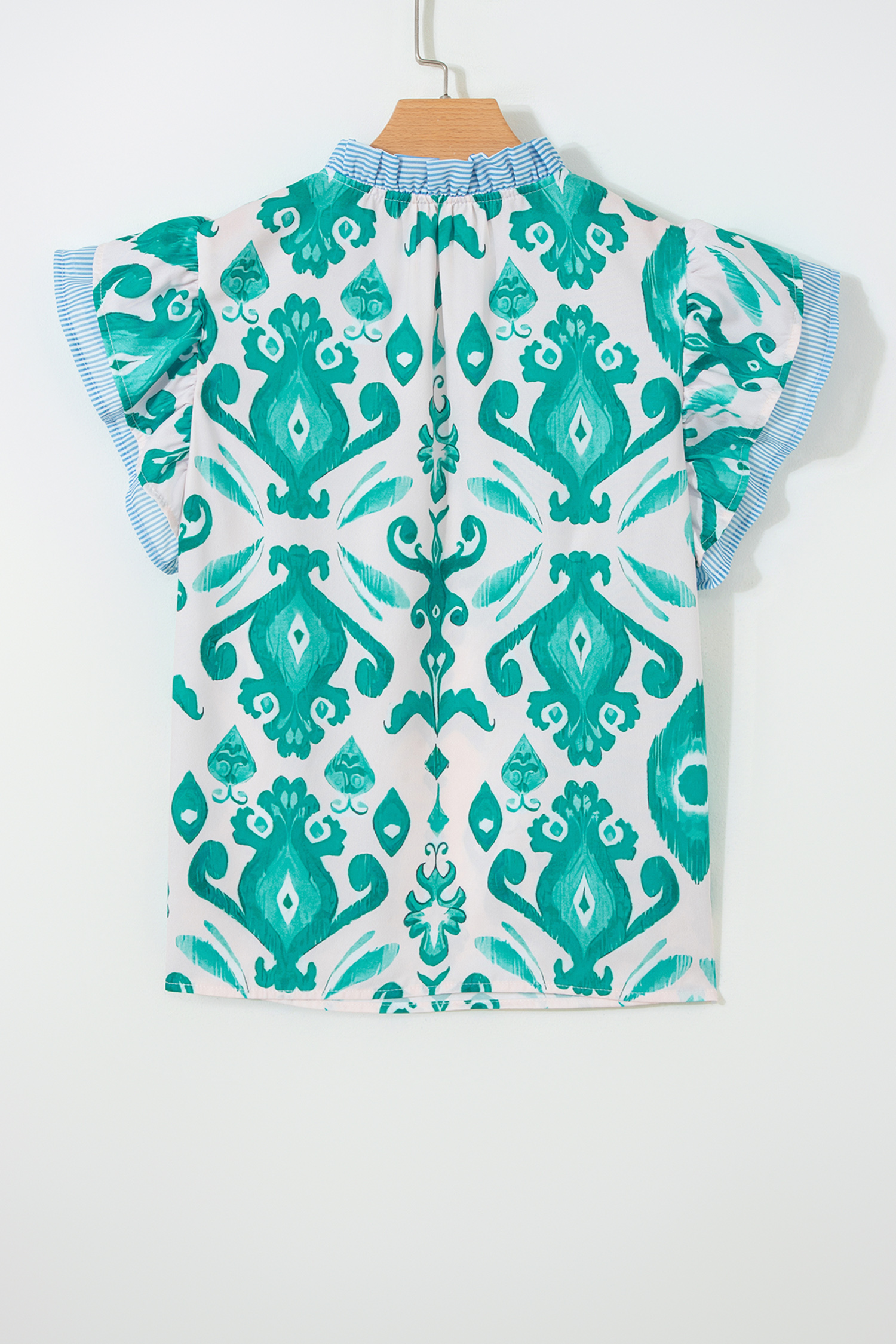 Sky Blue Ethnic Print Striped Trim Flutter Sleeve Top