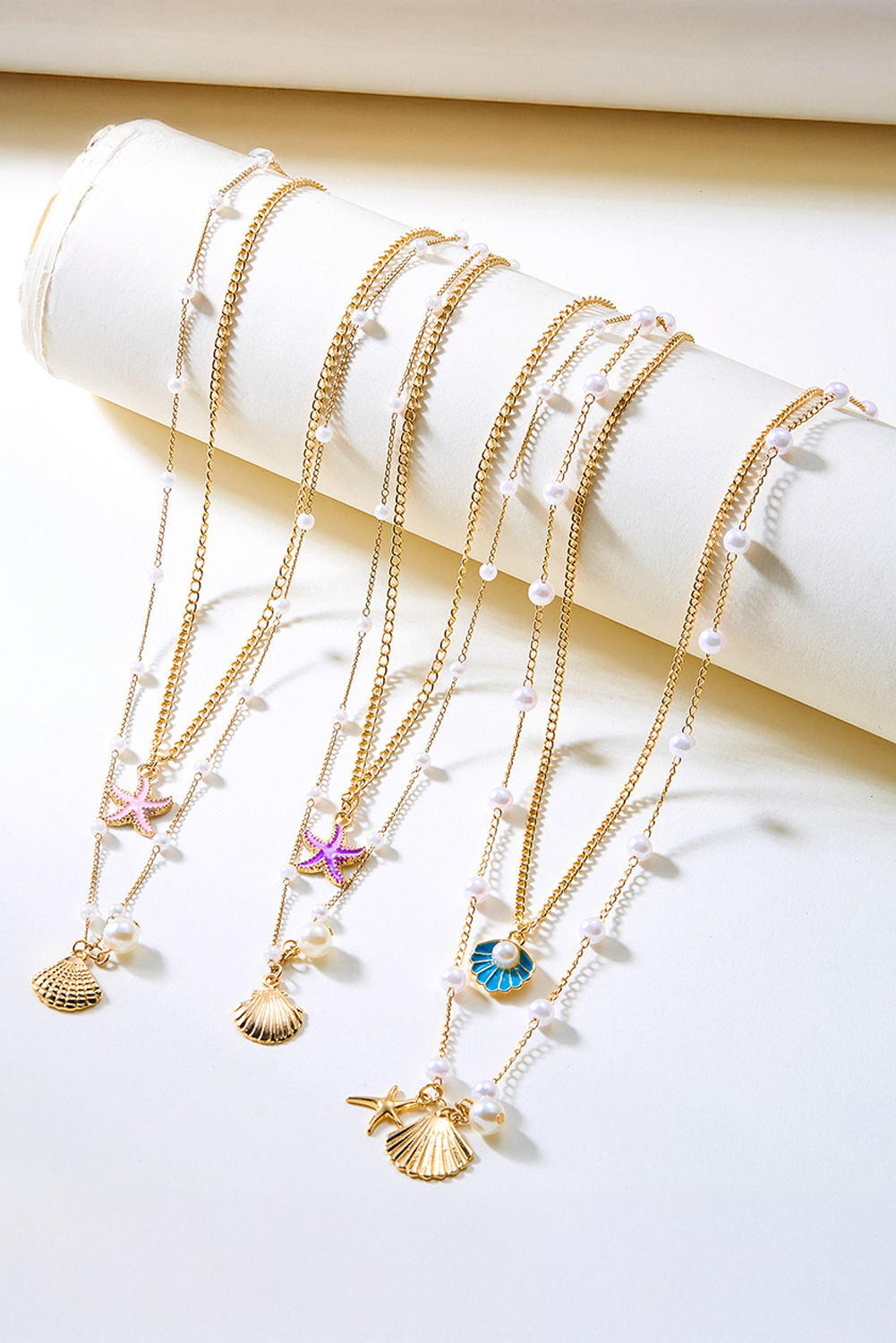 Gold Shell Starfish Pearl Plated Alloy Double Layer Necklace
