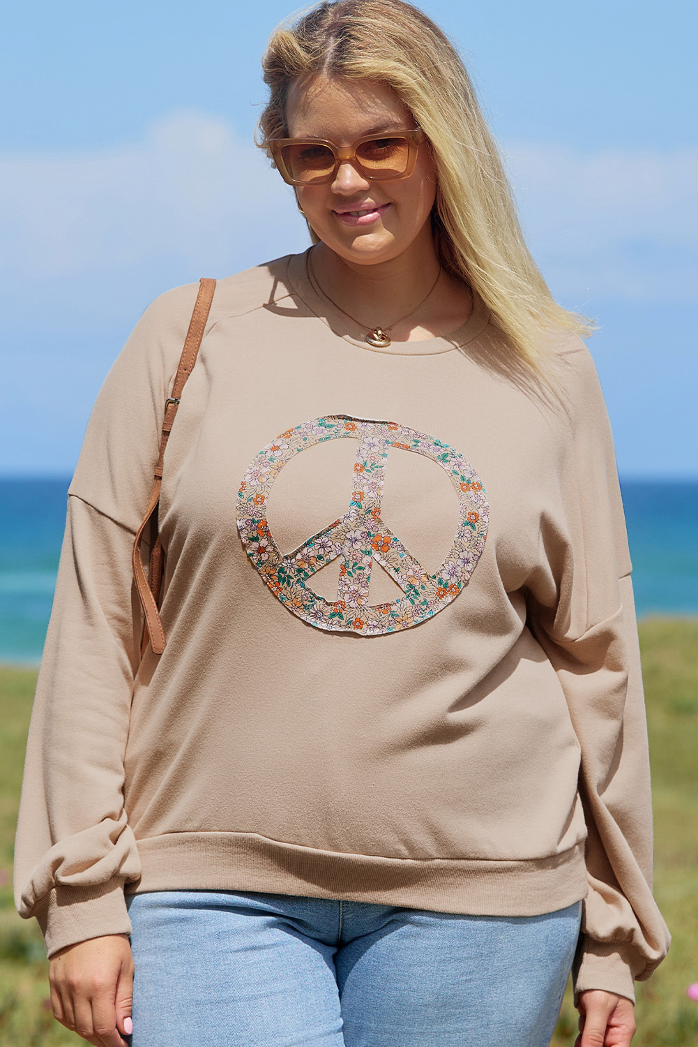 Beige Flower Patch Graphic Exposed Seam Wide Sleeve Top