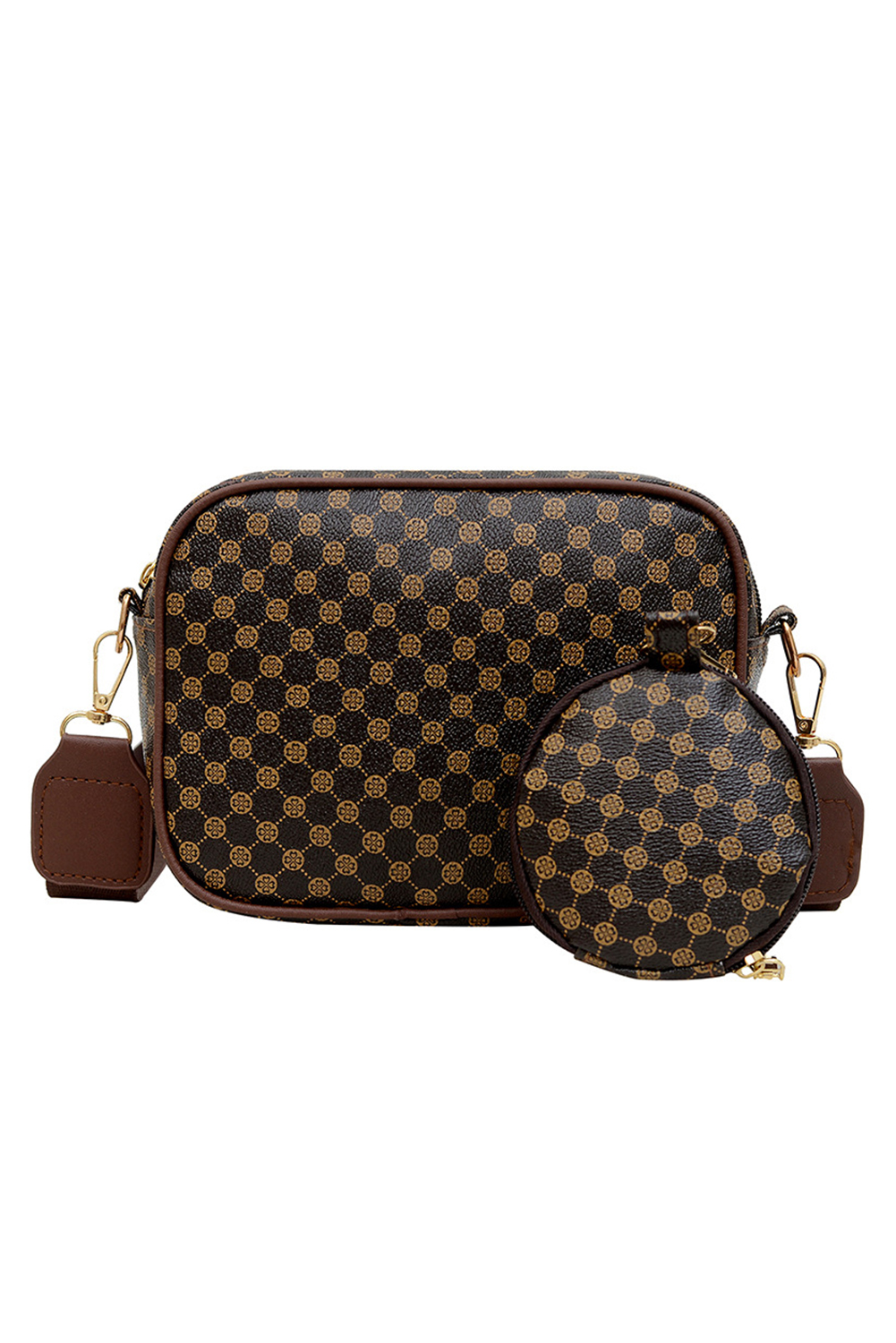 Coffee Checkered Print PU Leather Shoulder Bag with Coin Wallet