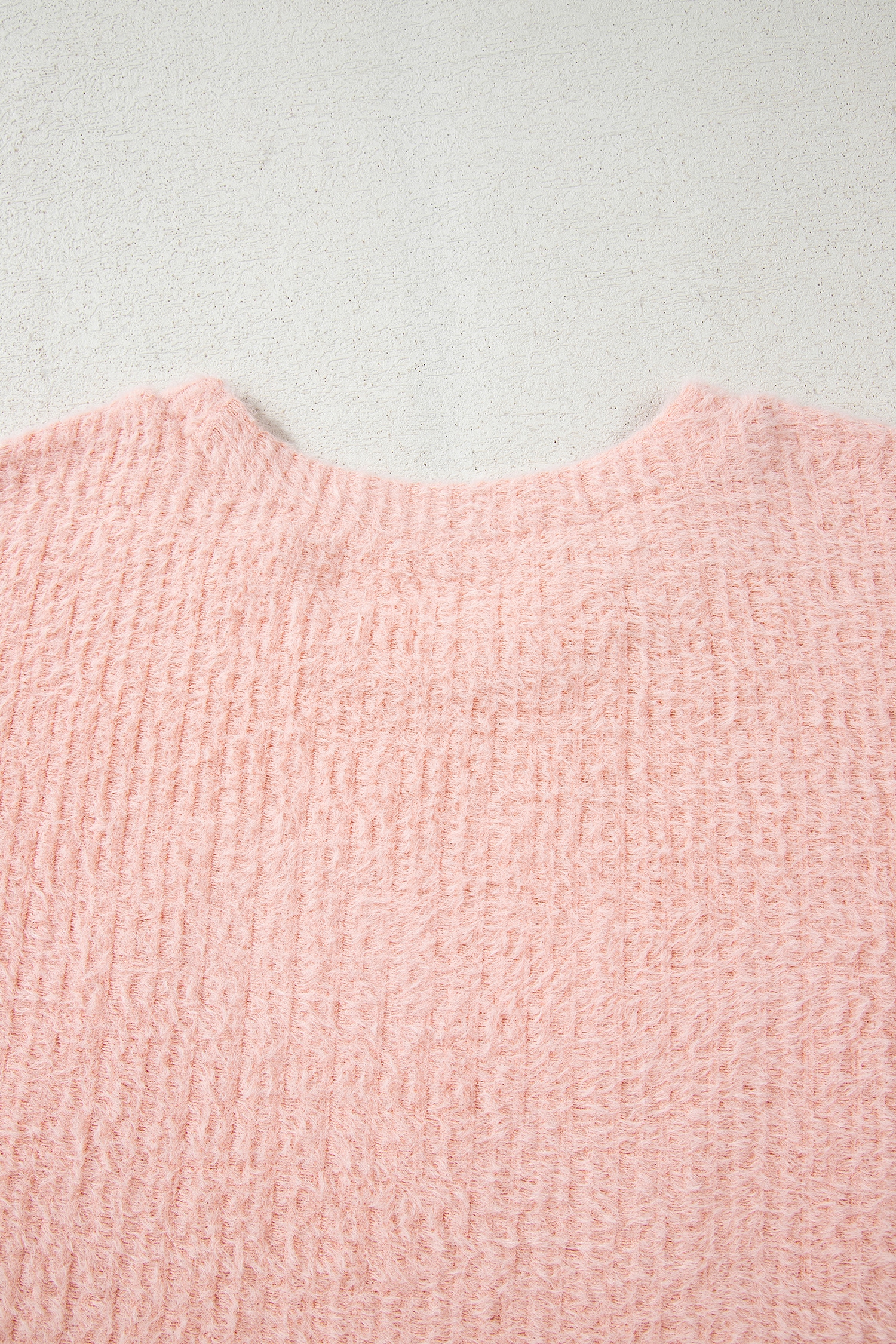 Light Pink Fuzzy Ribbed Texture Round Neck Long Sleeve Top