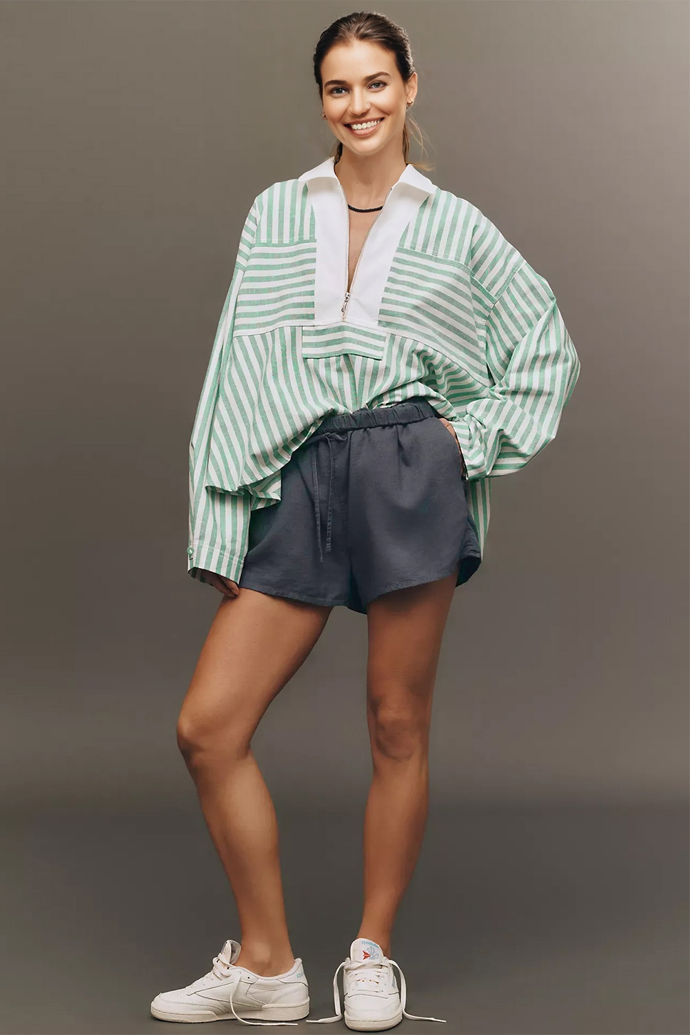 Green Stripe Half Zip Long Sleeve Swing Top