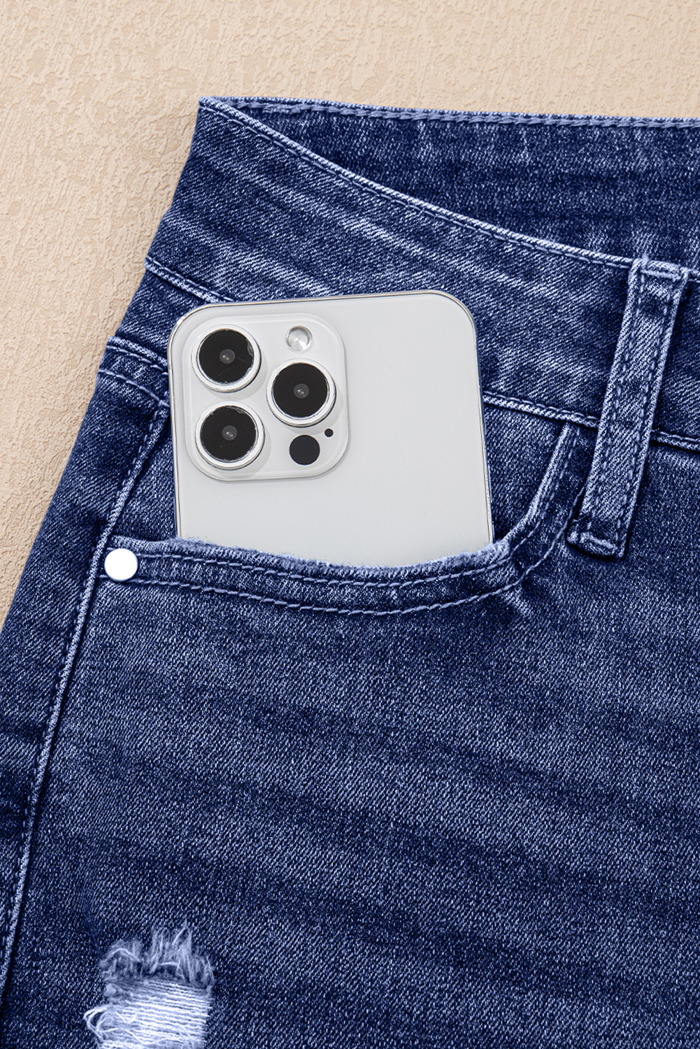 Real Teal Folded Cuffs Distressed Straight High Waist Jeans