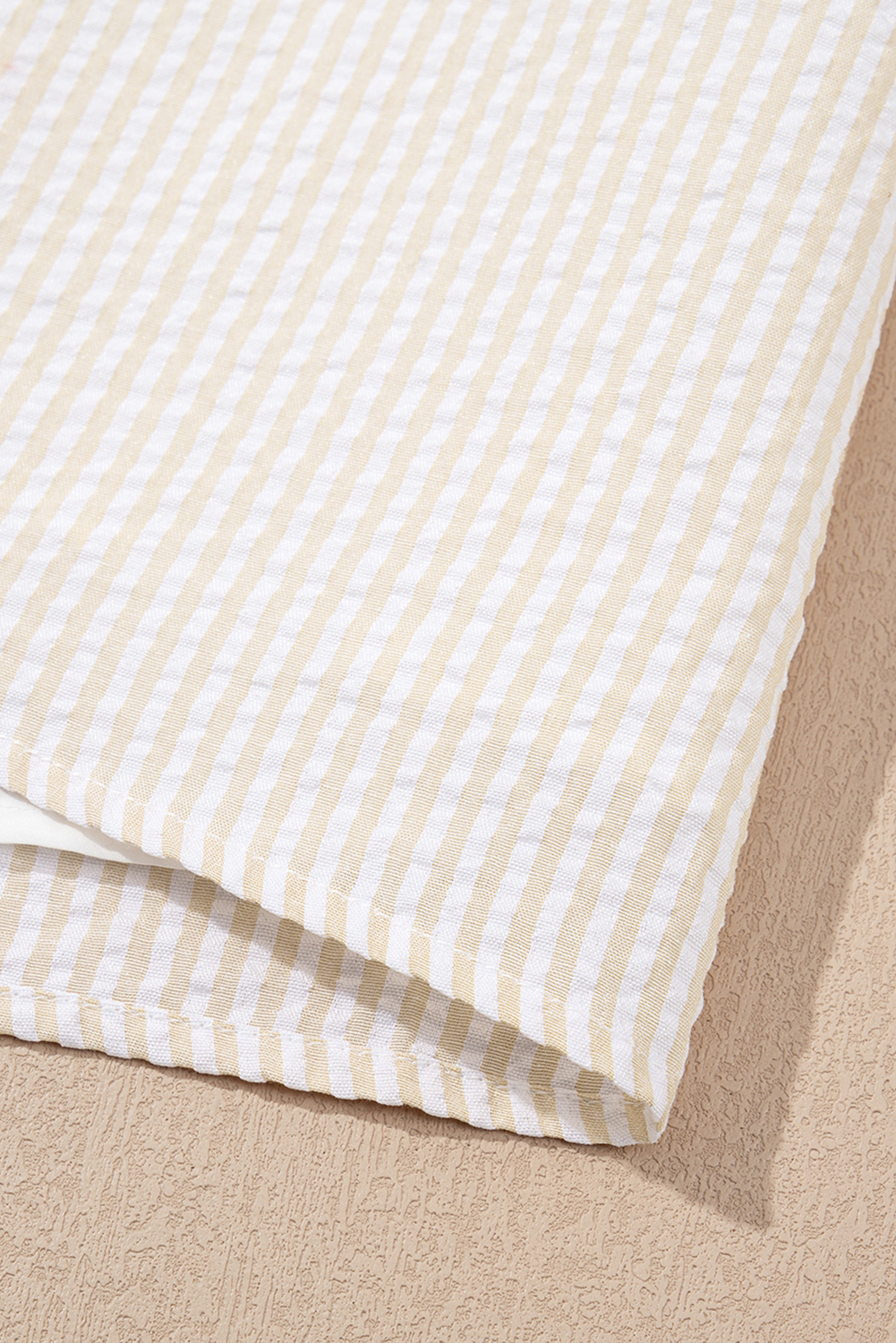 Beige Stripe Seersucker Contrast Round Neck Puff Sleeve T Shirt Dress