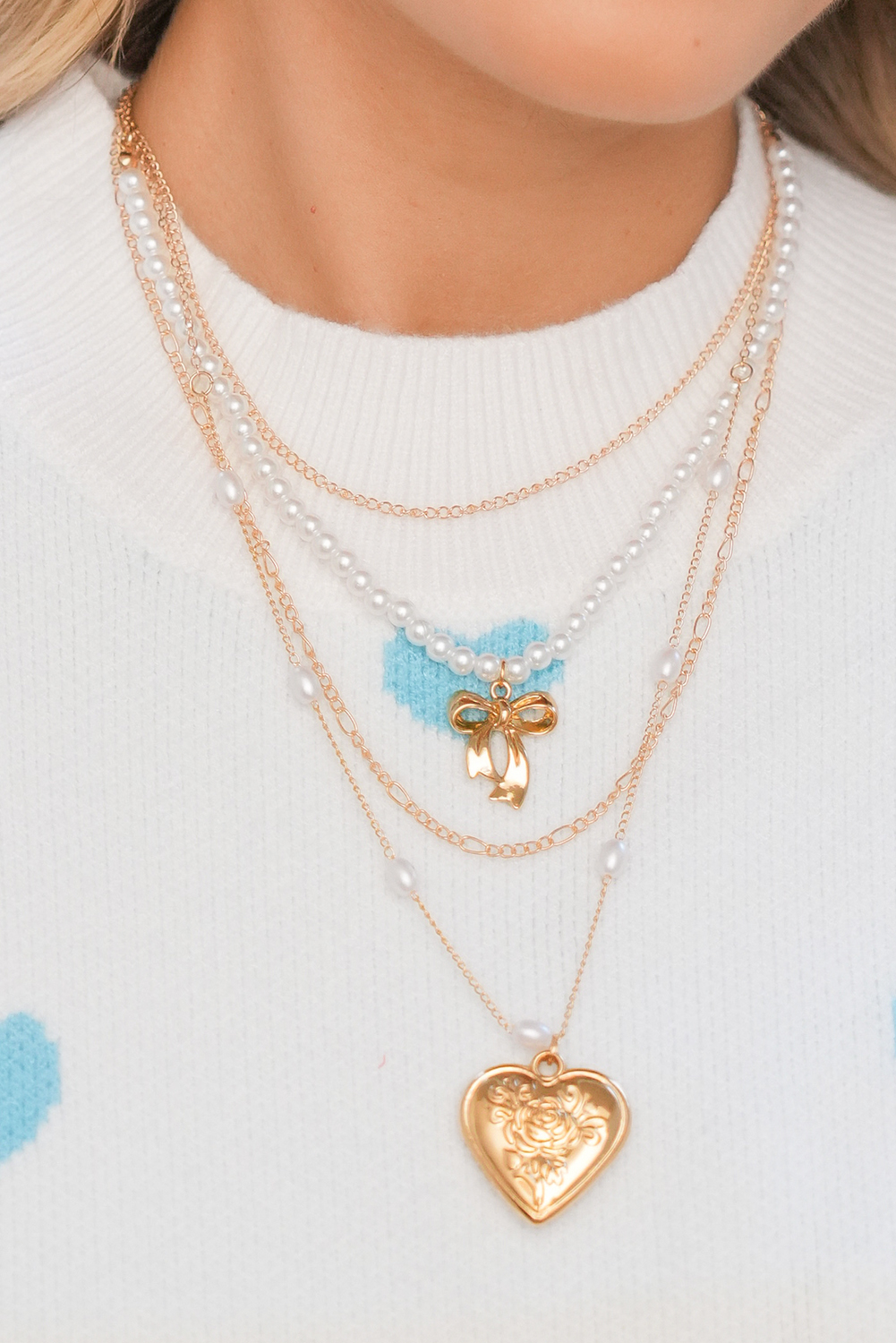 Gold Plated Bow Heart Pendant Pearl Beading Multilayer Necklace