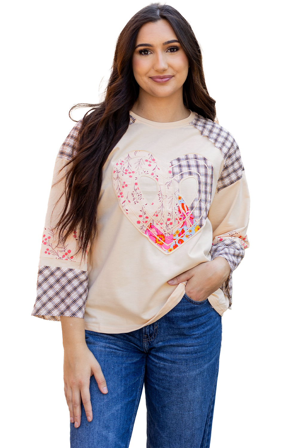 Beige Flower Patch Graphic Exposed Seam Wide Sleeve Top