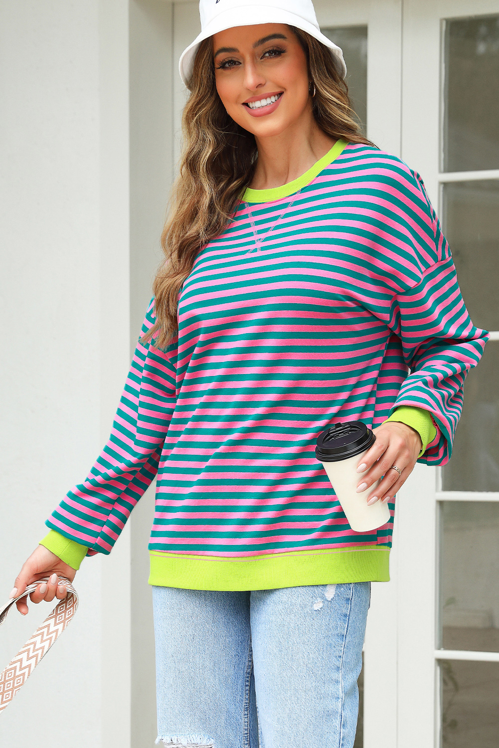 Red Stripe Contrast Ribbed Trim Crossed Stitch Drop Shoulder Sweatshirt