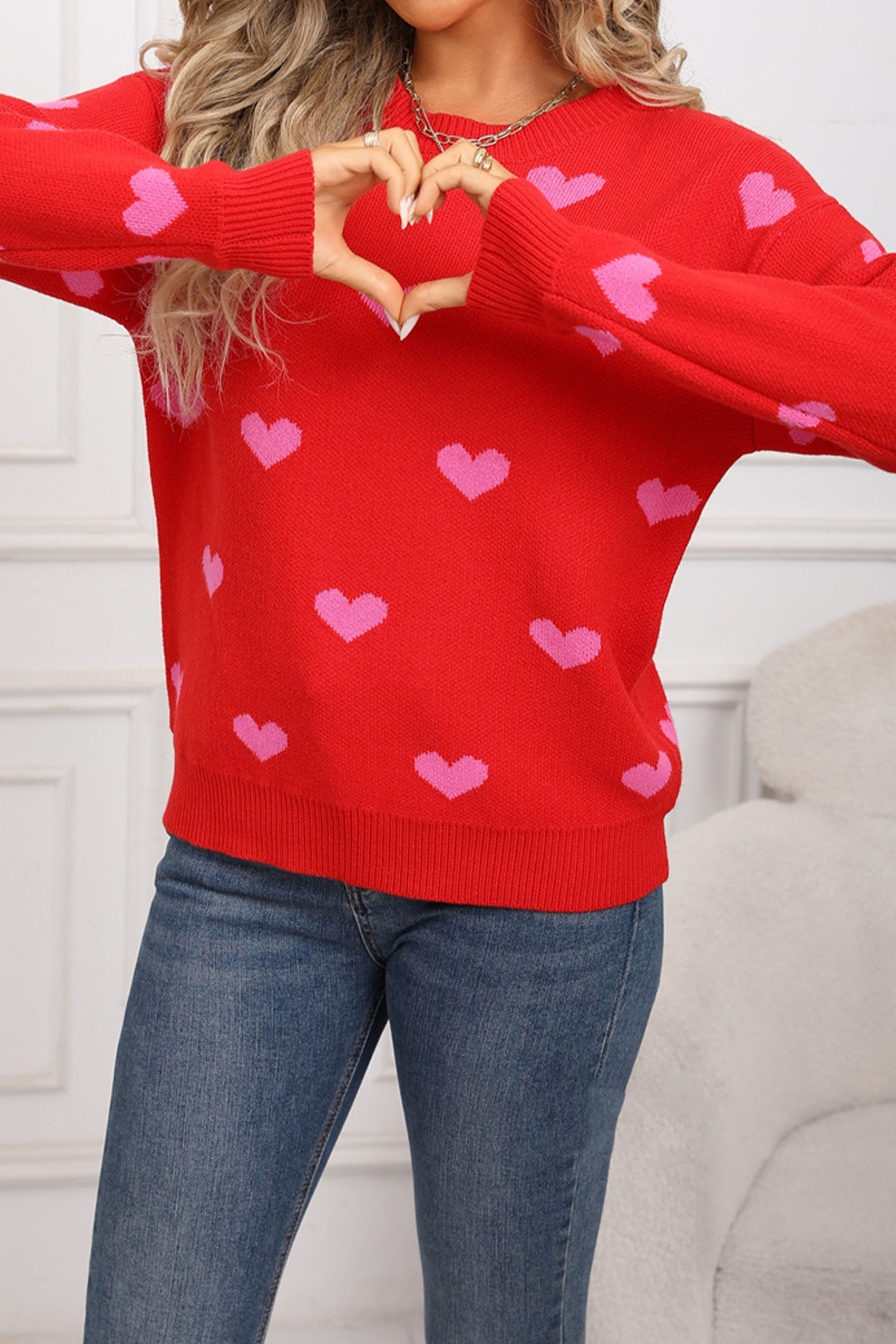 White Classic Round Neck Drop Shoulder Heart Print Sweater