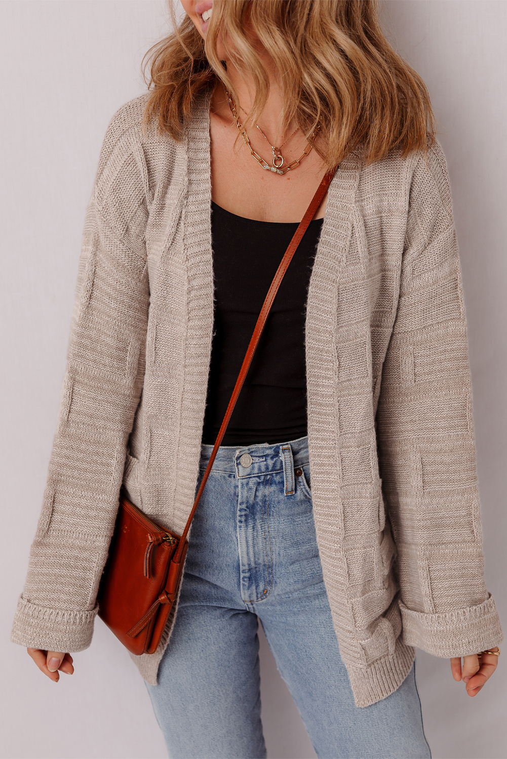 Delicacy Textured Knit Open Front Chic Cardigan with Pockets