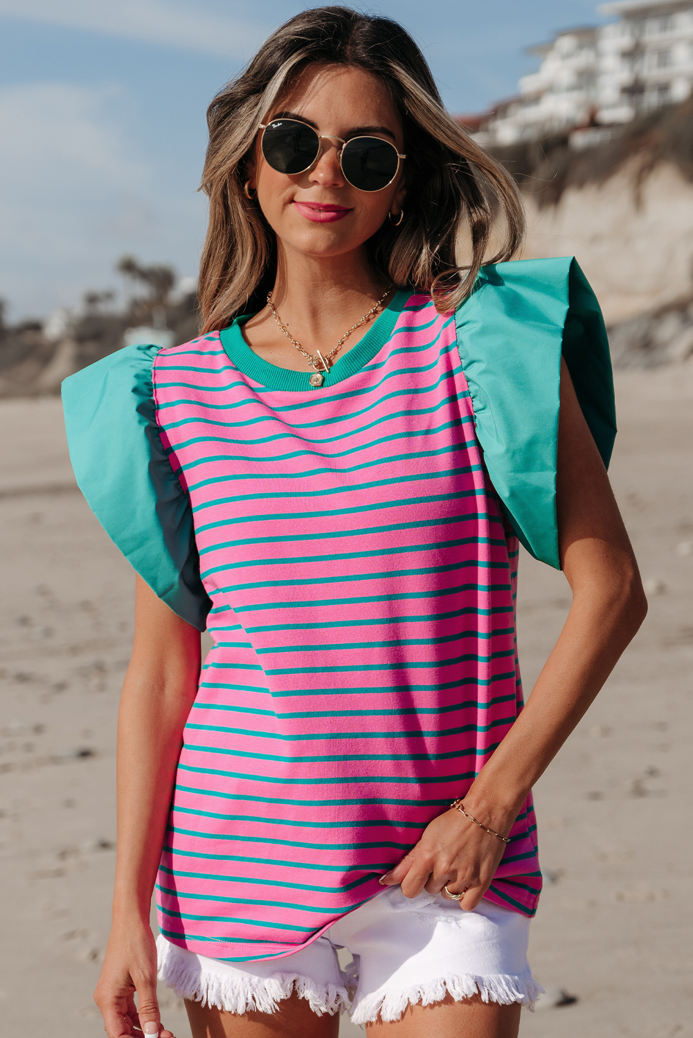 Pink Stripe Collared V Neck Puff Sleeve T Shirt Dress