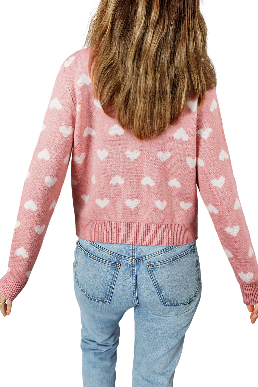 Light Pink Heart Pattern Button Front Cardigan Sweater