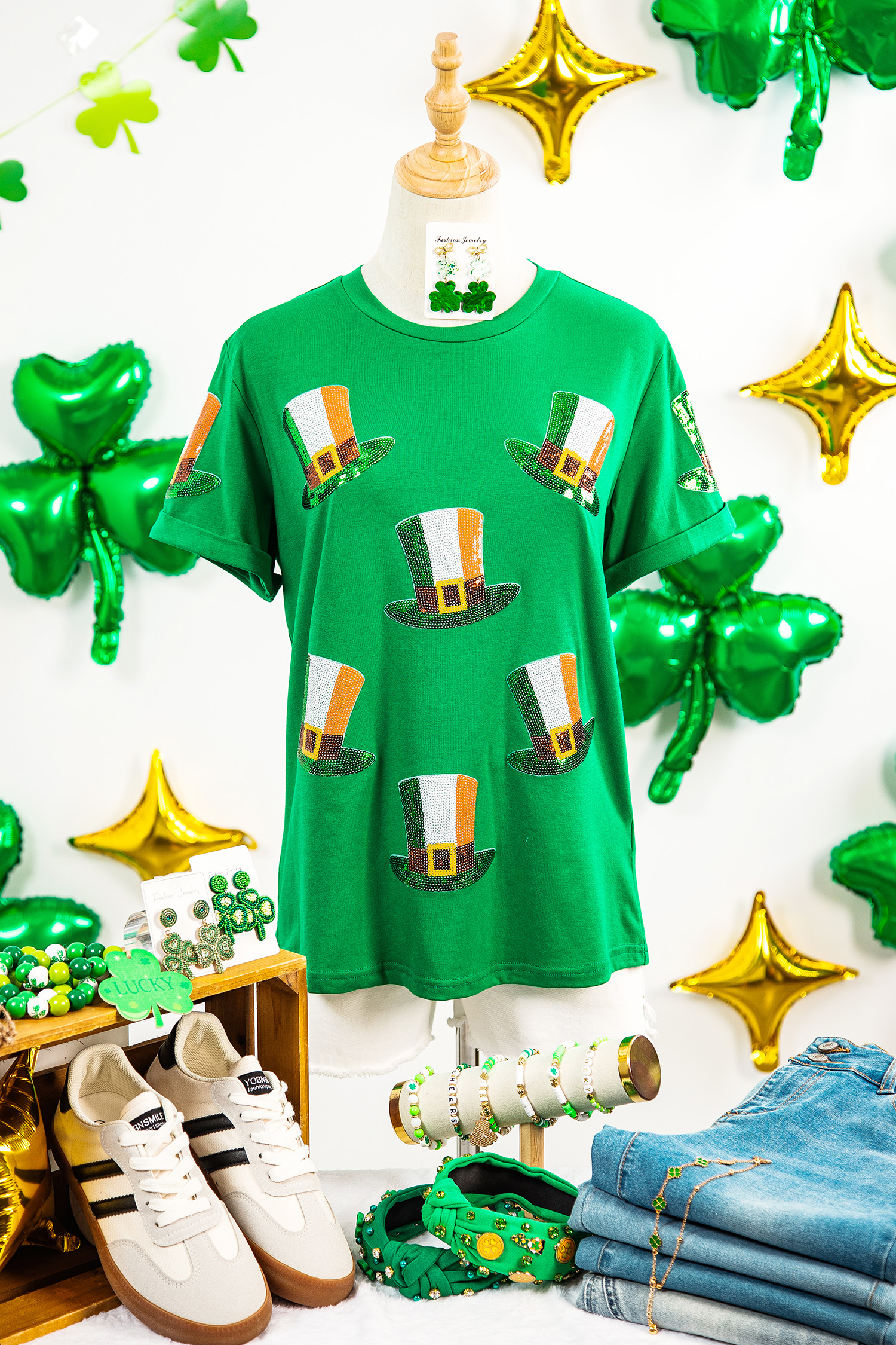 Bright Green Sequin St Patricks Day Hat Relaxed T Shirt