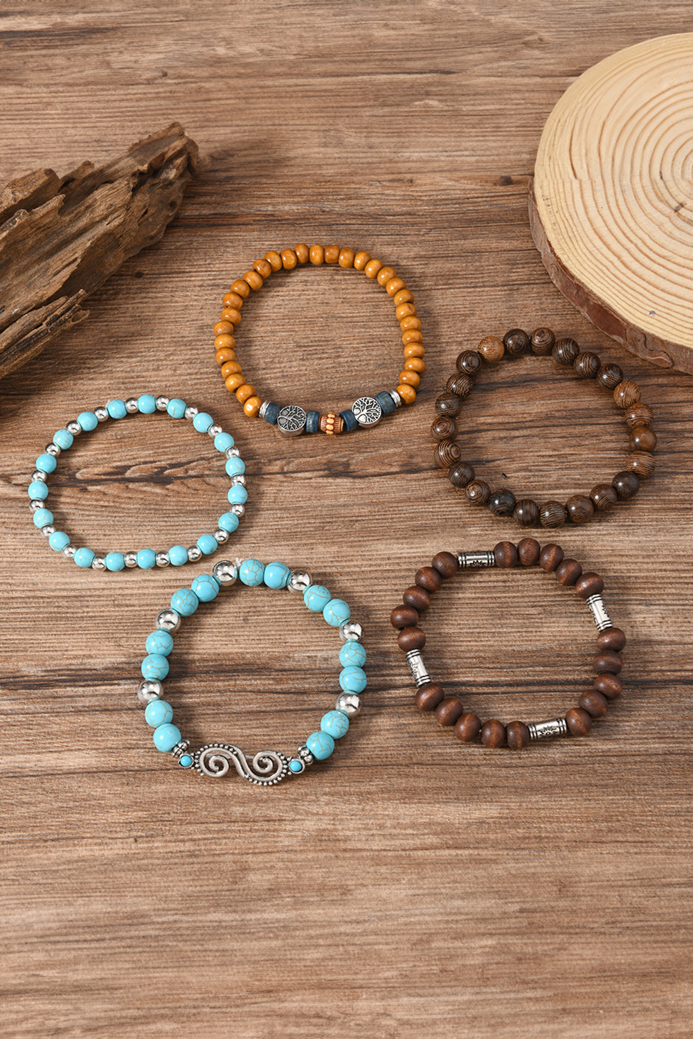 Cinnamon Boho 5pcs Turquoise Wood Beaded Elastic Bracelet Set
