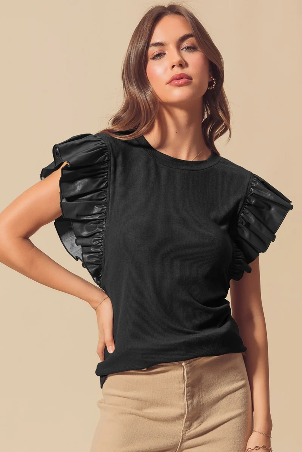 Black GAME DAY Checkered Letter Graphic Leatherette Ruffle Sleeve Top