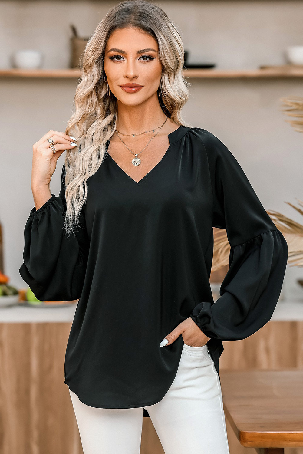 Black V Neck Long Puff Sleeve Top