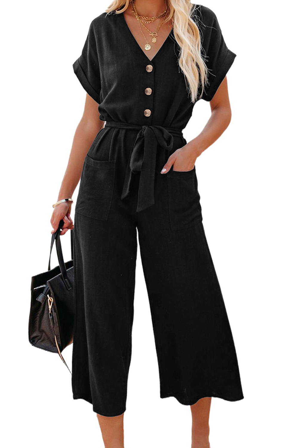 Black Dolman Button Belted V Neck Wide Leg Pocketed Jumpsuit