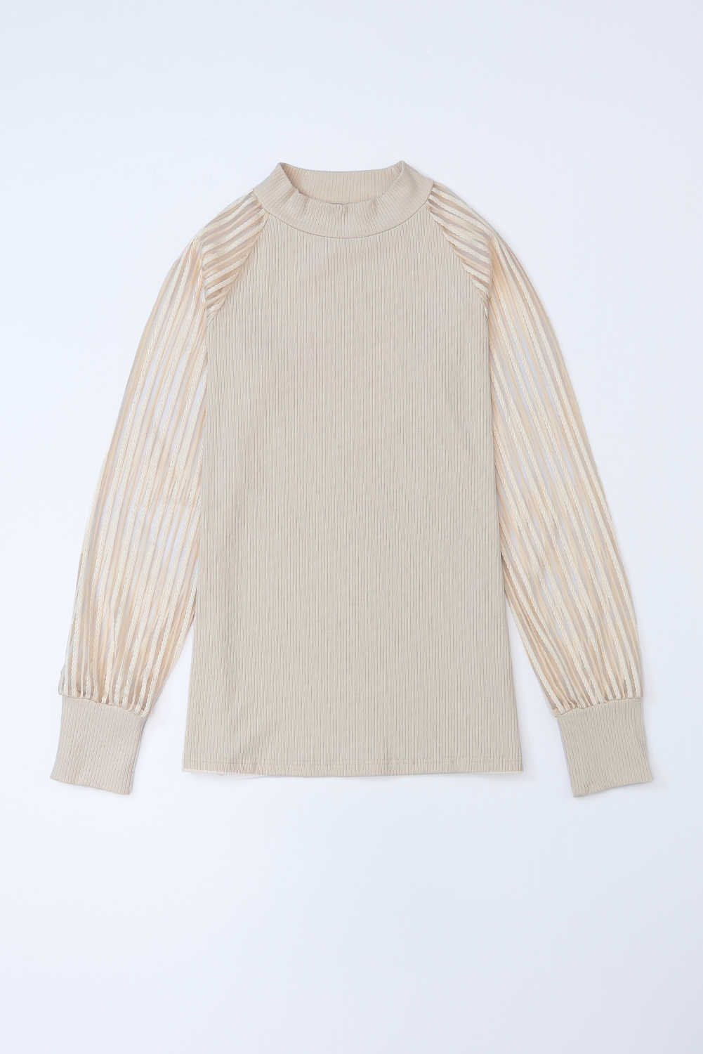 Gray Striped Mesh Long Sleeve Crewneck Ribbed Top