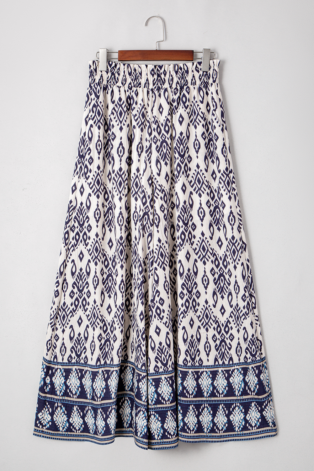 Blue Boho Geometric Print Shirred High Waist Wide Leg Jumpsuit