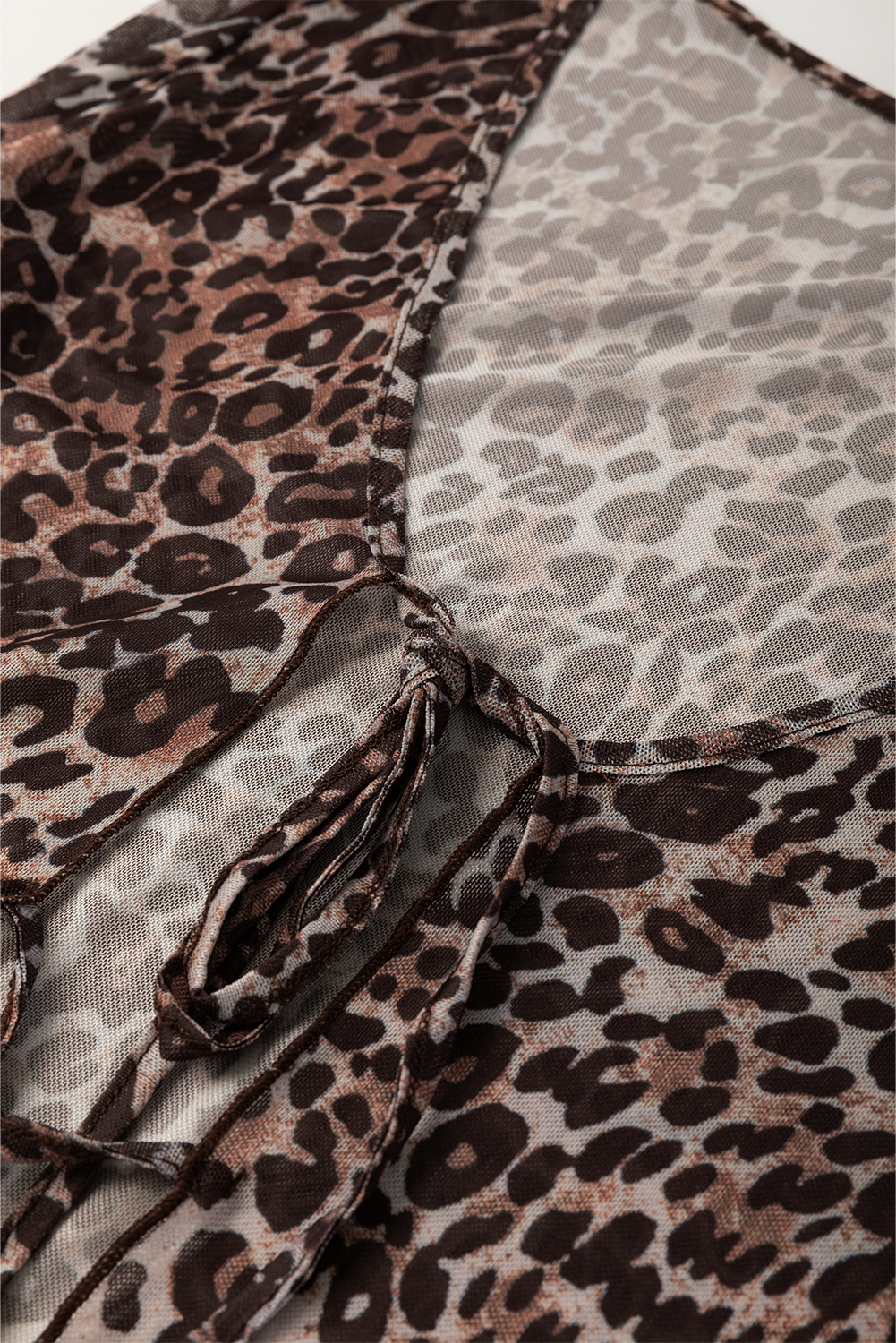 Multicolour Leopard Sheer Mesh Long Sleeve V Neck Lace-up Blouse